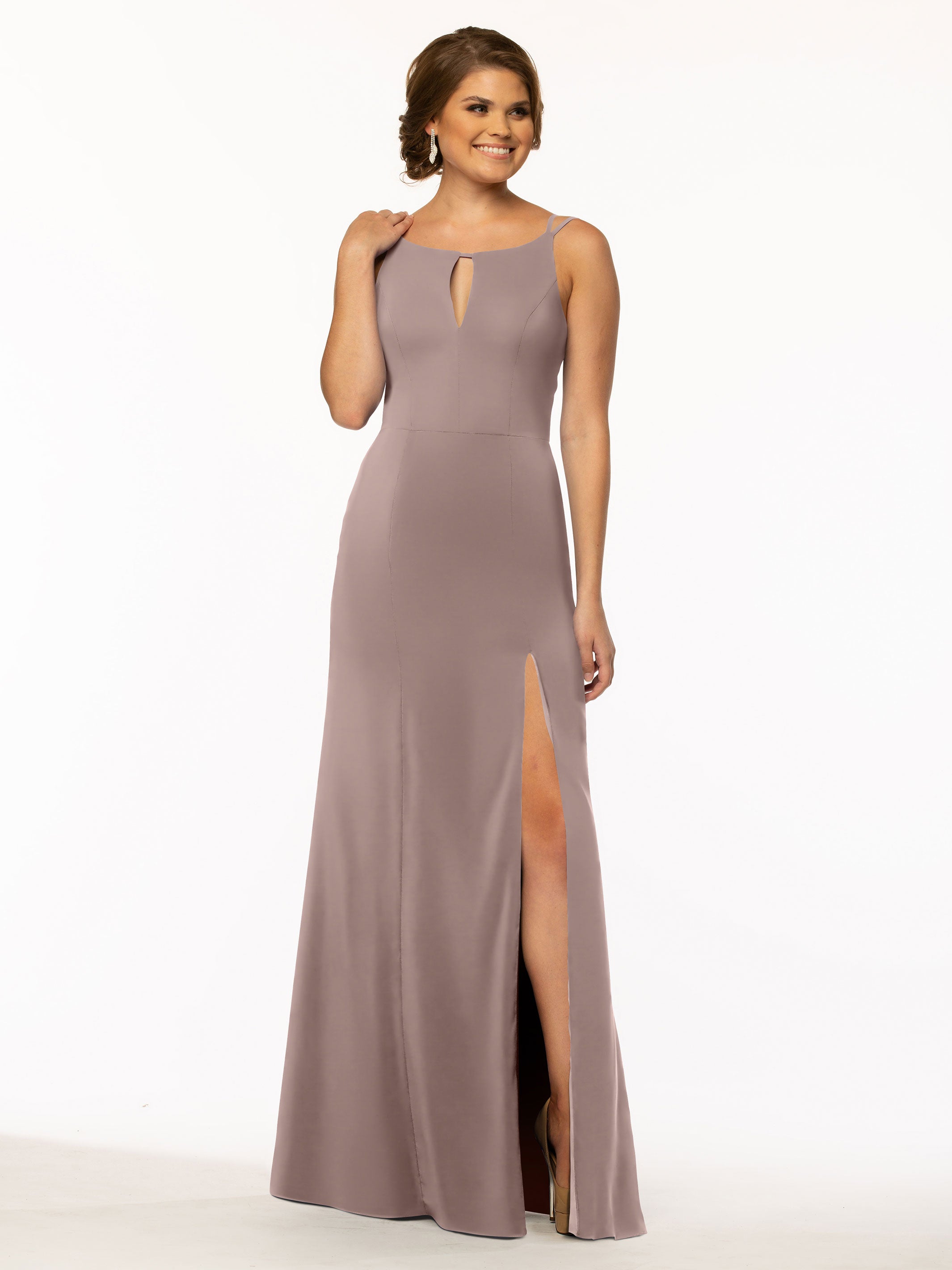 Elegant 83030 Sheath Stretch Chiffon Bridesmaid Dress with Bateau Neckline & Thigh Slit - Perfect for Weddings, Formal Events & Evening Parties