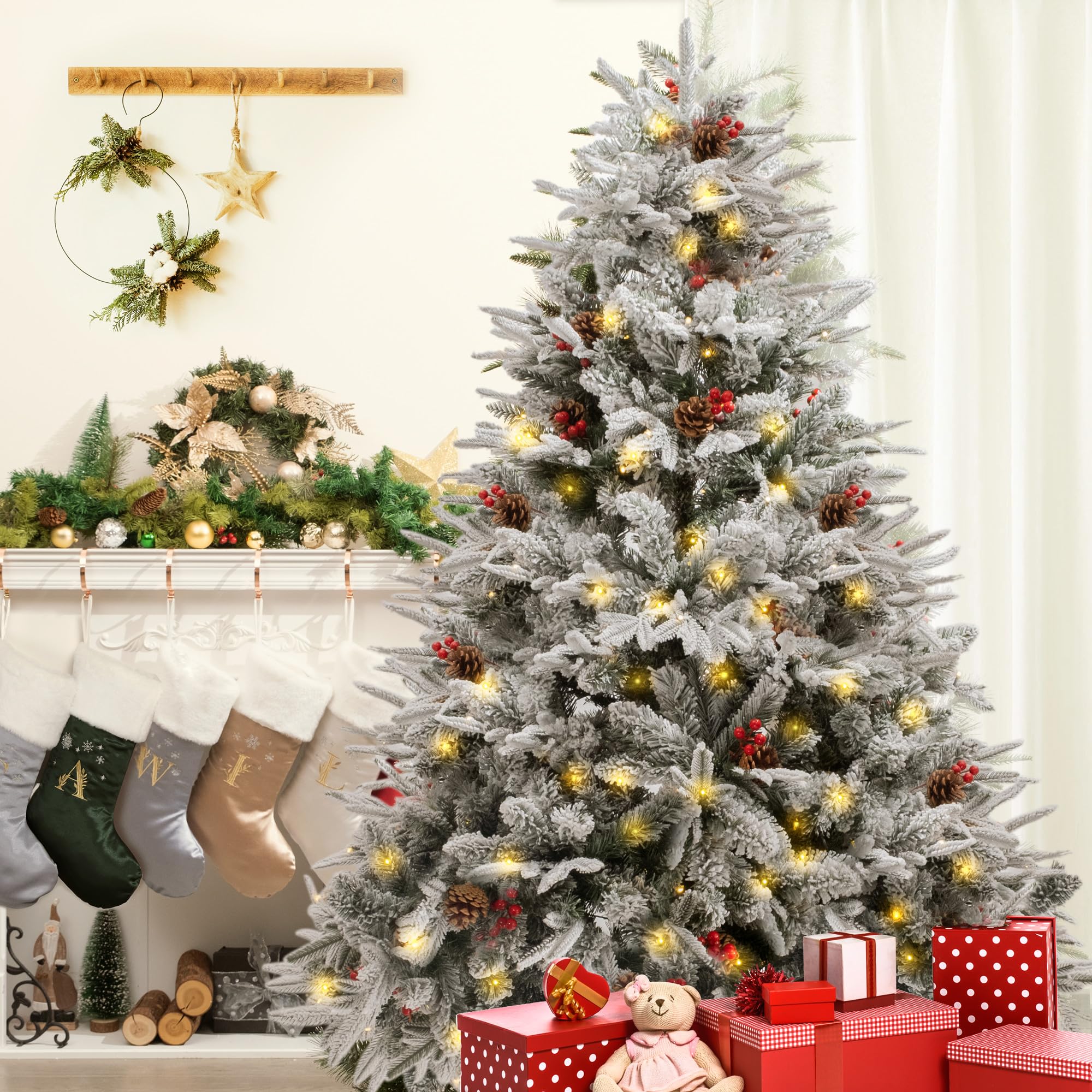 GEX 6ft Pre-Lit Flocked White Artificial Christmas Tree with Warm Yellow LED Lights, 8 Lighting Modes, Berries & Pinecones - Perfect for Living Room, Office Holiday Decor (Flocked White, 6 Feet)