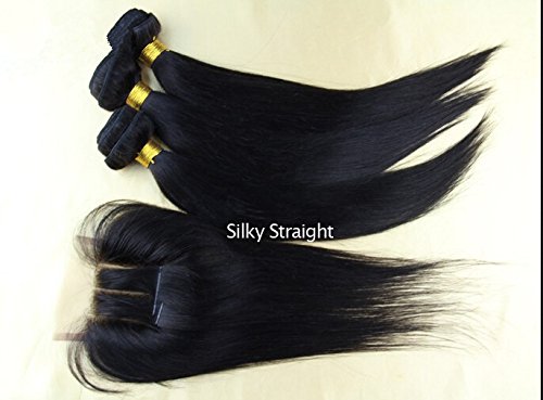 3-Way Part 1PC 4x4 Lace Closure with Virgin Indian Remy Human Hair - 3 Bundles Wefts Mixed Length (4PCS Lot) Natural Straight Hair Extensions - Can Be Dyed Any Color - Perfect for Styling, Weaving & Protective Hairstyles
