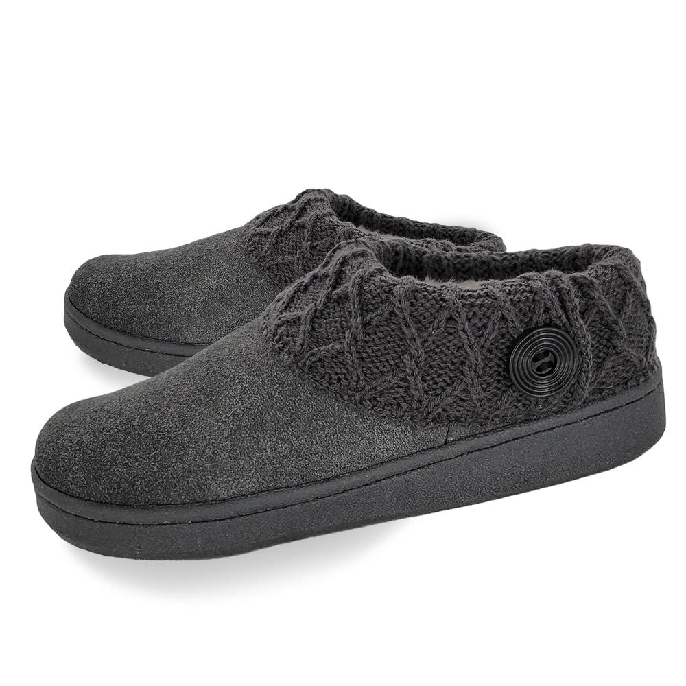 Clarks Women's Suede Leather Comfort Clog Knitted Collar Slippers - Plush Faux Fur Trim - Indoor & Outdoor House Shoes for Women - Grey/Grey Size 6M - Cozy Homewear for Relaxing & Lounging