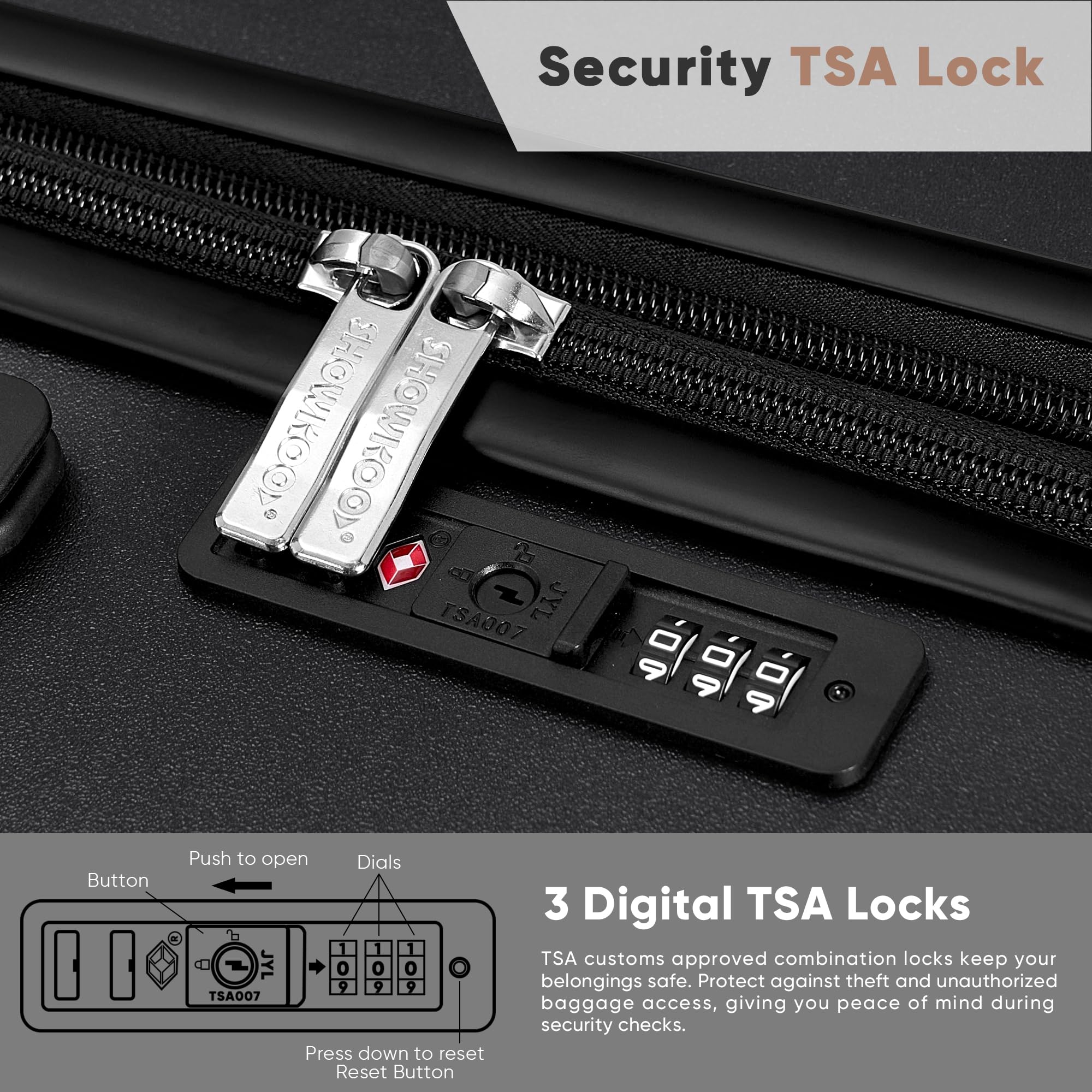 SHOWKOO 3-Piece Hardside Luggage Set - 100% Polycarbonate Ultra Durable Expandable Suitcases with TSA Lock & 360° Spinner Wheels (20in, 24in, 28in, Black) - Perfect for International Travel, Family Vacations & Business Trips
