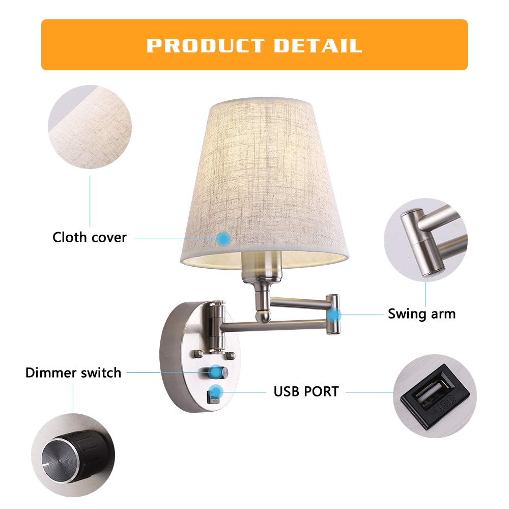 Dimmable Swing Arm Wall Sconce Light with USB Port & Plug-in Cord - Adjustable Fabric Shade Bedside Lamp for Bedroom, Living Room & Hotel - Perfect for Reading, Nightstand Lighting & Cozy Ambience