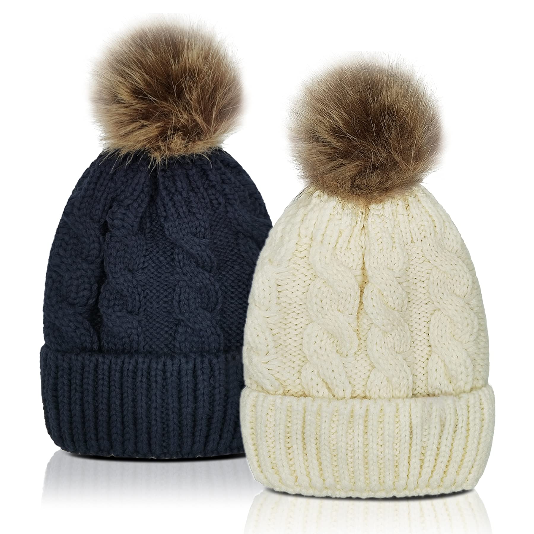 Whiteleopard Kids Beanie Hats with Lining & Pom Pom - Warm Slouchy Cable Knit Toddler Skull Cap for Baby Boys & Girls - Perfect for Winter Play, Skiing & Outdoor Activities