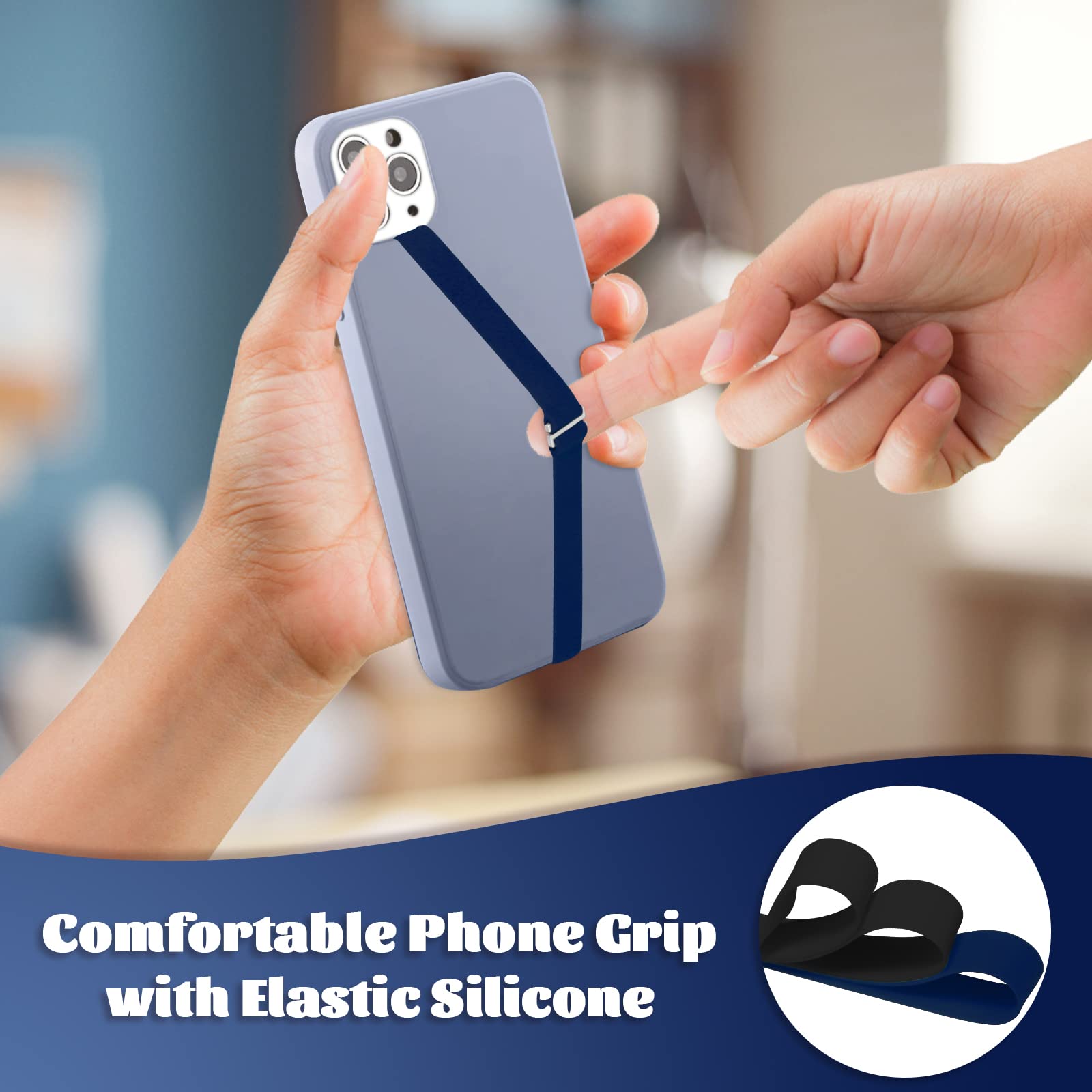 3pcs Silicone Phone Grip Holder Strap - Anti-Slip Finger Loop for iPhone 15/15 Pro/16/16 Pro & Samsung Galaxy S24/S23 - Universal Phone Loops for Back of Cell Phones (230, 2 Black+Navy) - Perfect for Gaming, Photography, and Everyday Use