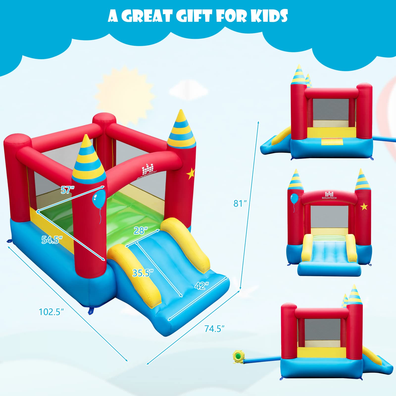 BOUNTECH Inflatable Bounce House for Kids 3-6 Years - Large Jumping Area with Slide | Indoor & Outdoor Bouncy Castle | Portable Backyard Playhouse for Toddler Boys & Girls | Perfect for Birthday Parties, Family Gatherings & Backyard Fun