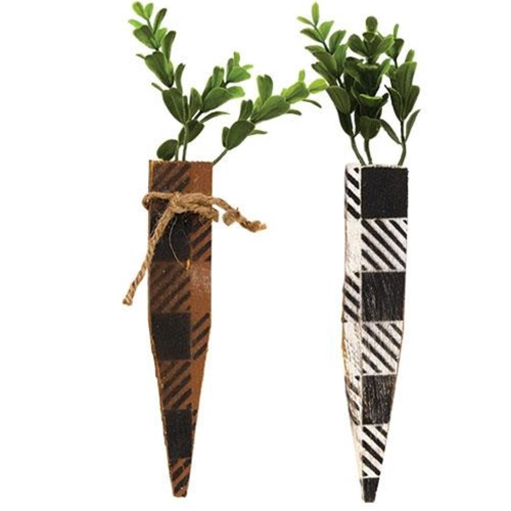 Buffalo Check White or Orange Large Rustic Wood Carrot Decor - 2 Piece Set for Farmhouse Kitchen, Easter Table Centerpiece, Fall Harvest Display