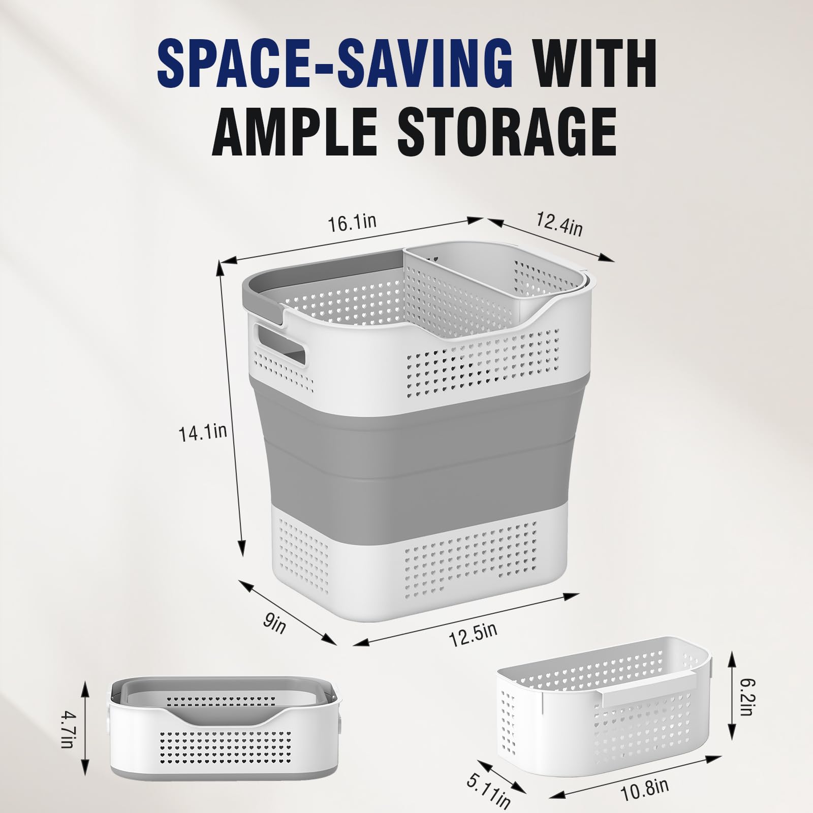 TECHMILLY Collapsible Plastic Laundry Basket with Handles - 43L (11.5 Gallon) Portable Foldable Clothes Hamper - Space Saving Storage Organizer for Laundry Room, Dorm, Camping & Travel - Grey