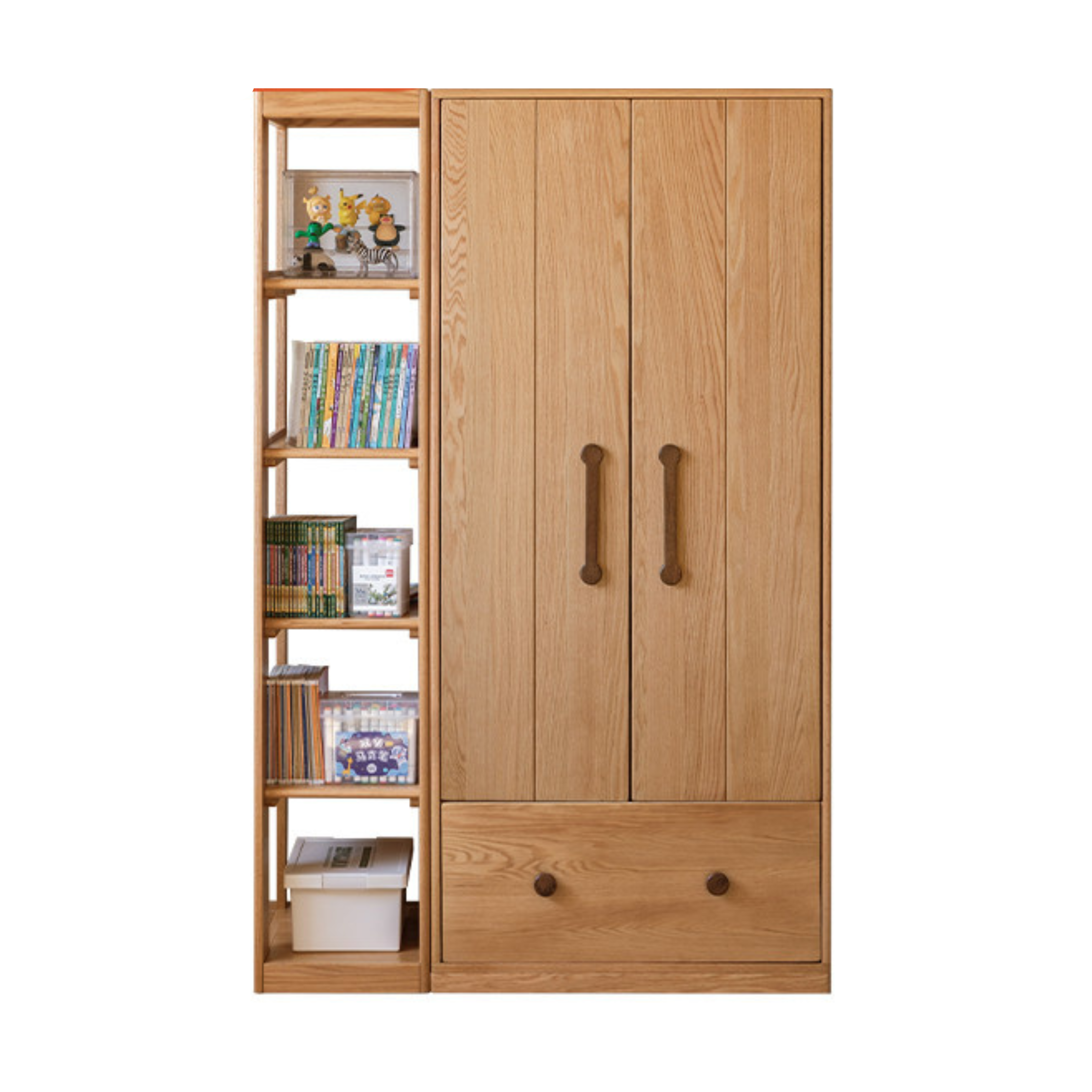 Premium Oak Solid Wood Kids Wardrobe - Multi-Functional Storage Organizer for Clothes, Toys & Books - Perfect for Bedroom, Nursery & Playroom Organization