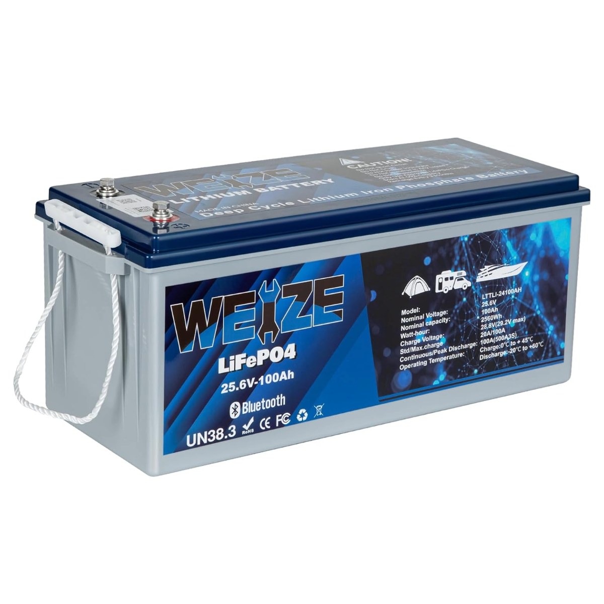 WEIZE 24V 100AH Bluetooth LiFePO4 Lithium Battery with Built-in 150A BMS | Low Temperature Protection | 500A/3S Peak Discharge | Deep Cycle Battery for Trolling Motor, Solar System, RV, Camping & Off-Grid Applications | Perfect for Marine, Home Energy Storage & Outdoor Adventures