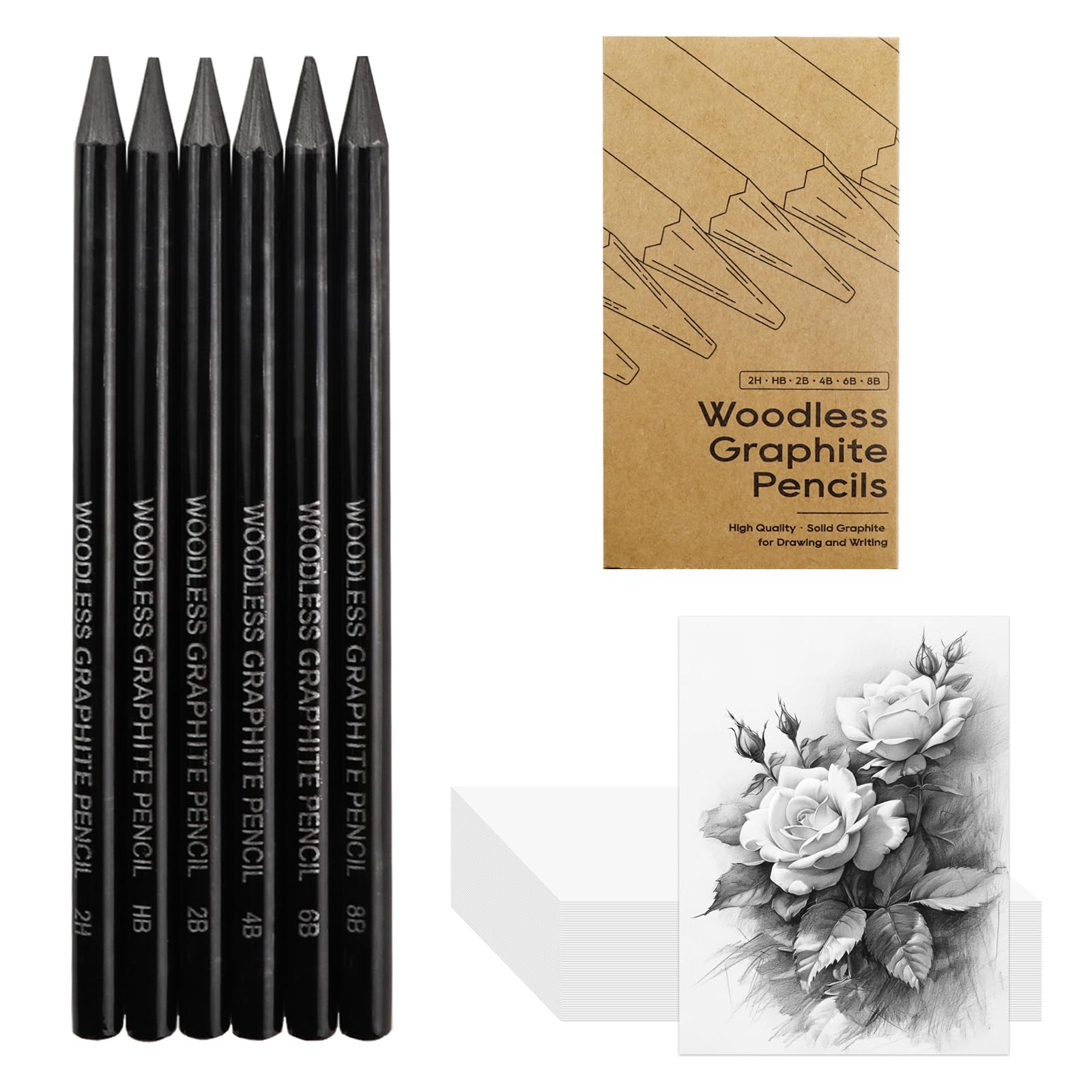 Professional Woodless Graphite Drawing Pencils Set - 6B 8B Degrees for Sketching, Shading & Writing | Includes 50 Blank Watercolor Cards | Perfect for Artists, Students & DIY Craft Projects