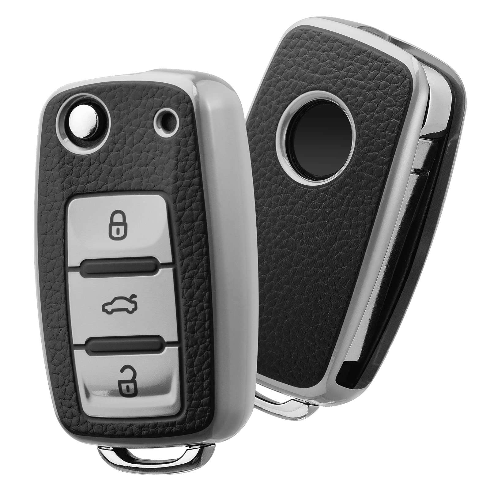 Premium Leather Car Key Cover for VW Golf, Polo, Passat, Skoda & Seat - 3 Button Remote Key Fob Protector (Silver) | Durable & Stylish Accessory for Everyday Use