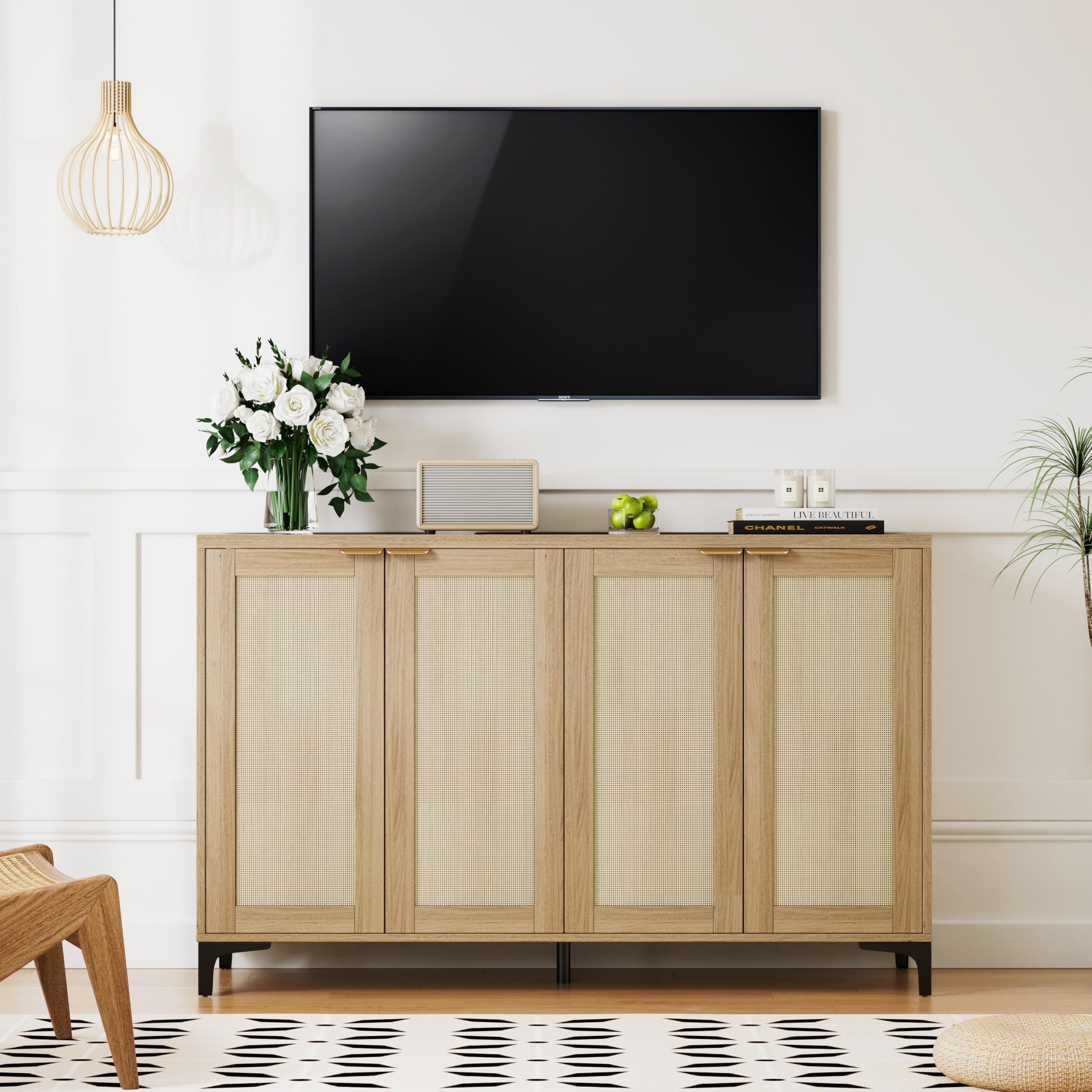 Rattan Sideboard Buffet Cabinet with 4 Doors, Adjustable Shelves & Metal Feet - Natural Wood Storage Console for Dining Room, Living Room | Perfect for Home Decor, Entertaining Guests & Organizing Dishes