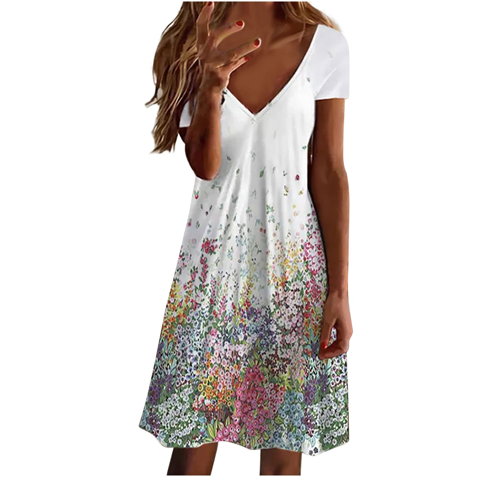 Women's Casual Floral Print Summer Dress - Boho V-Neck Short Sleeve Knee-Length Swing Dress, Slim Fit Sexy Mini Dress for Beach, Party & Date Night