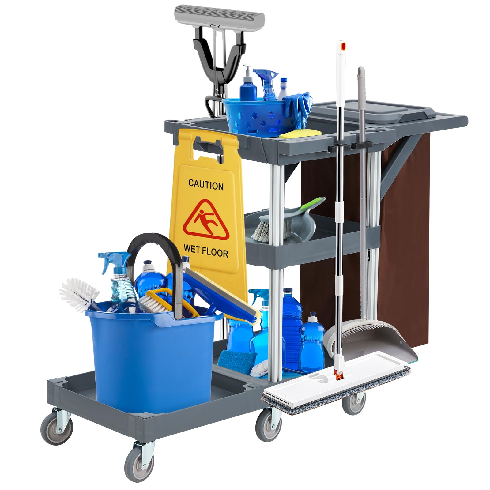 Commercial Janitorial Cleaning Cart with Wheels - Black Housekeeping Utility Cart with Cover, Shelves & Vinyl Bag | Ideal for Hotels, Hospitals & Office Cleaning