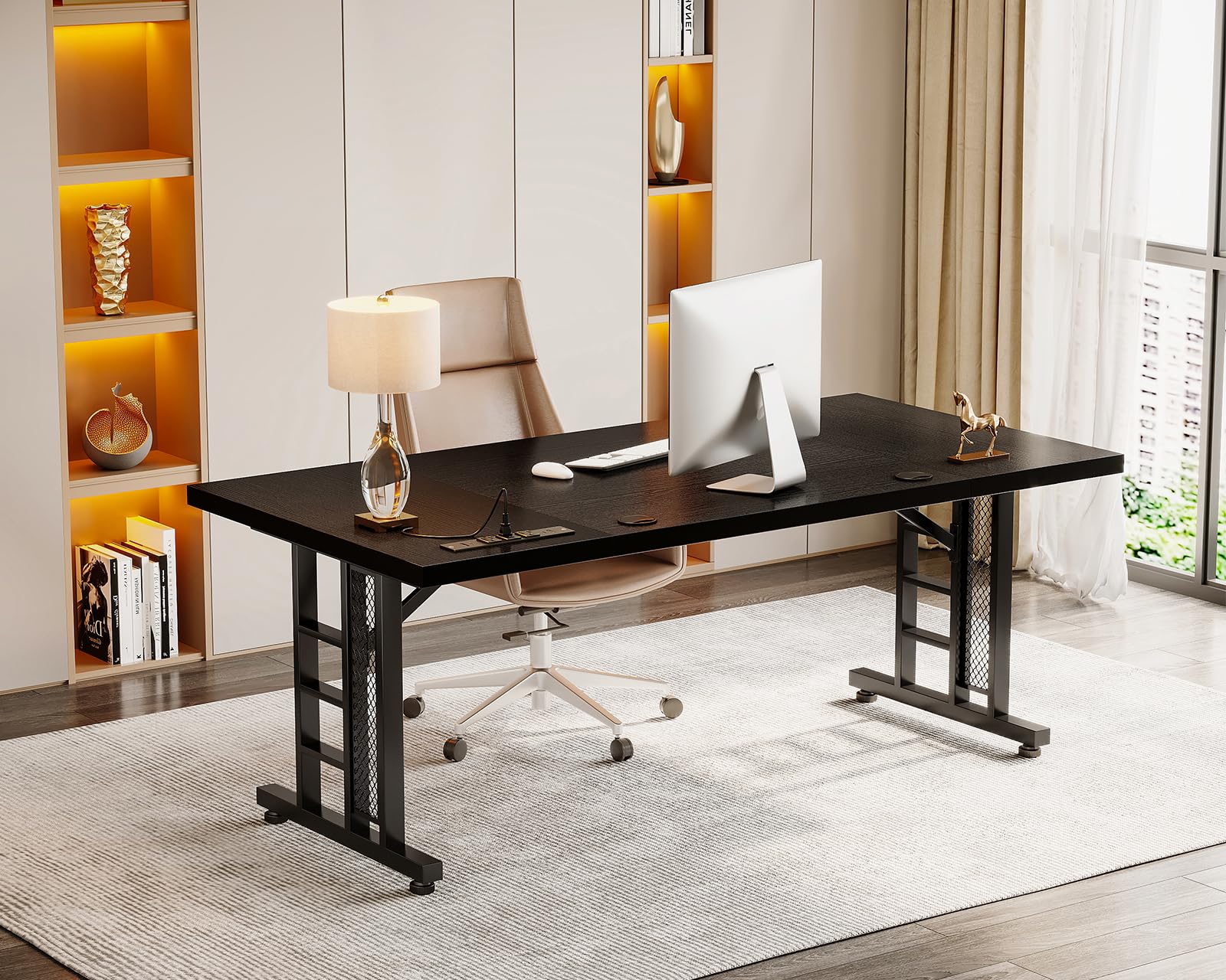 Coleshome 71 Inch Executive Desk with USB Ports - Modern Large Computer Office Desk, Black Home Office Workstation for Business Professionals | Perfect for Remote Work, Video Conferencing & Study Spaces