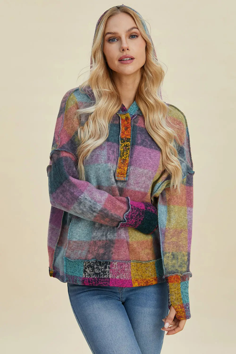Double Take Full Size Plaid Dropped Shoulder Hoodie - Cozy Oversized Sweatshirt for Men & Women - Perfect for Casual Wear, Loungewear, and Outdoor Activities