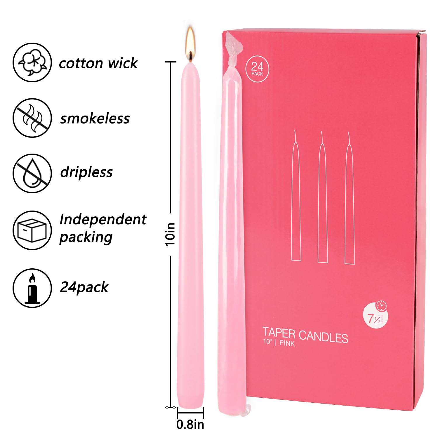 10 Inch Pink Taper Candles - Set of 24 Dripless Unscented Candlesticks for Dinner Parties, Shabbat, Halloween, Christmas, Weddings - Long Lasting 8 Hour Burn Time - Perfect for Romantic Dinners, Holiday Decor & Special Occasions