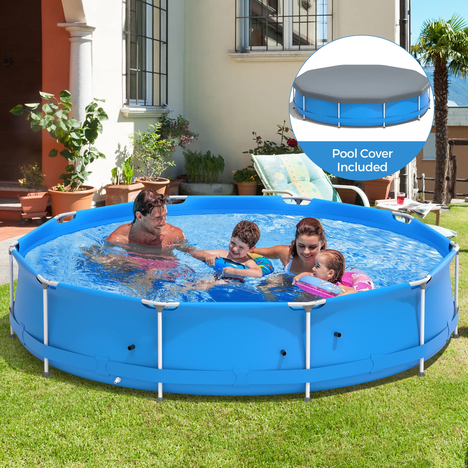 GYMAX 12ft x 31.5inch Above Ground Steel Frame Swimming Pool with Cover | Durable Outdoor Backyard Pool for Adults & Kids | Perfect for Summer Fun, Family Gatherings & Backyard Parties
