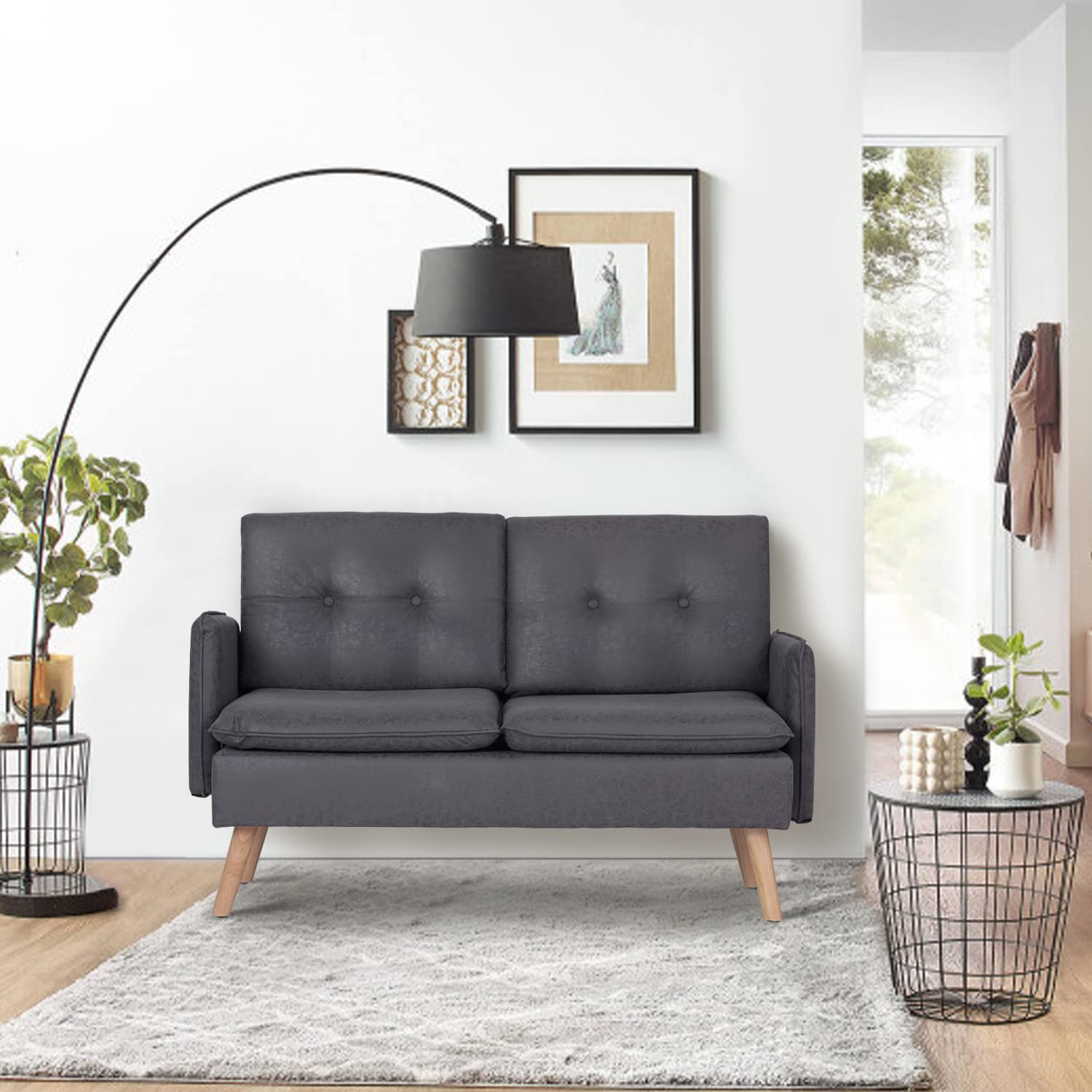 MAISON ARTS Small Modern Loveseat Couch - Mid Century Petite Fabric Sofa for Living Room, Bedroom & Apartment - Dark Grey - Perfect for Small Spaces, Studio Apartments & Cozy Reading Nooks