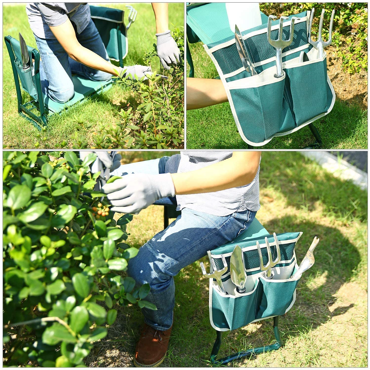 Ohuhu Heavy Duty Garden Kneeler and Seat with EVA Foam Pad - Foldable Gardening Stool with 2 Tool Pouches, 2-in-1 Portable Garden Bench for Planting, Weeding & Outdoor Work - Perfect Gardening Gift for Women, Men & Seniors