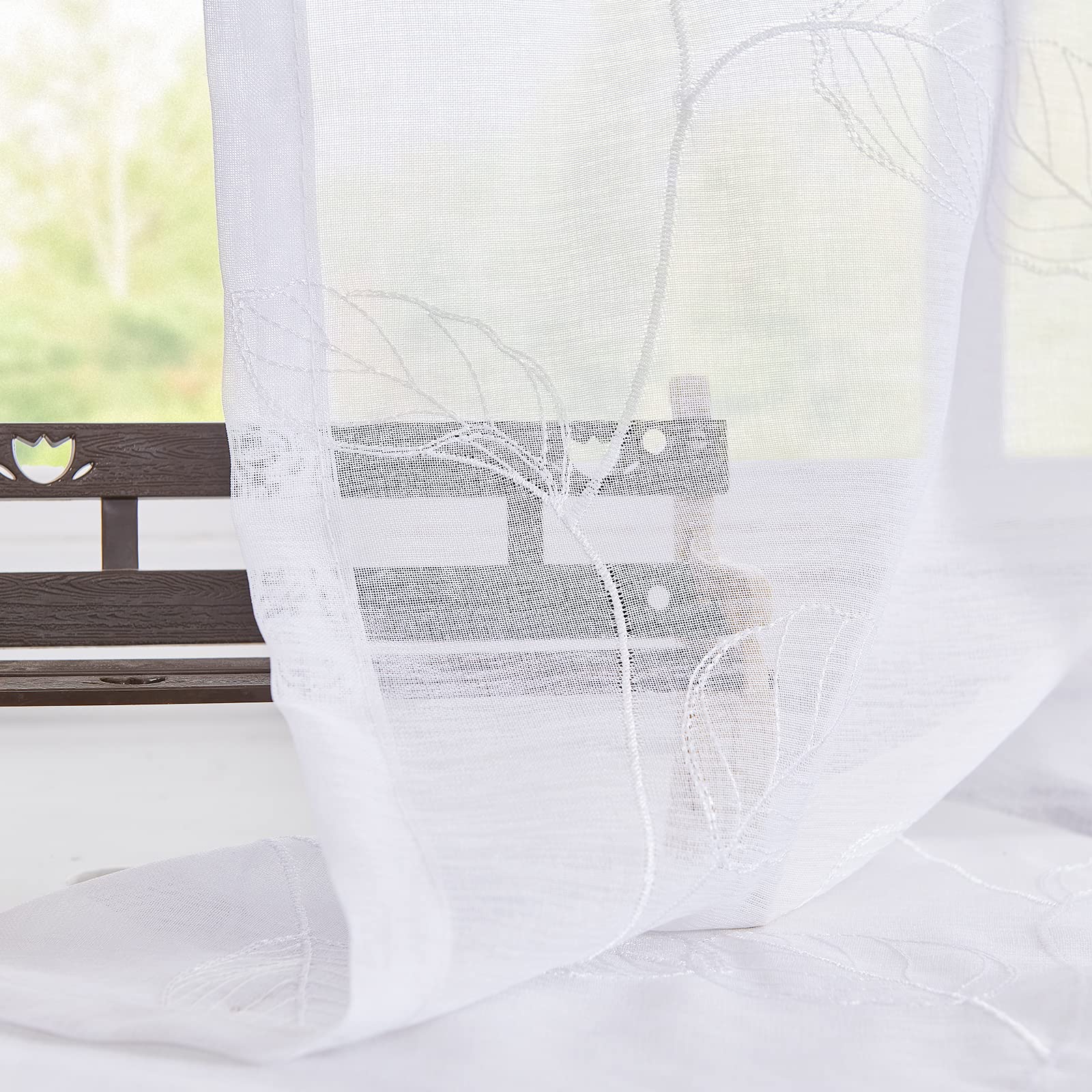 White Sheer Leaf Embroidered Voile Kitchen Valance - Farmhouse Style Semi-Sheer Window Curtain with 18 Inch Rod Pocket, 1 Panel - Perfect for Kitchen, Living Room & Bathroom Decor
