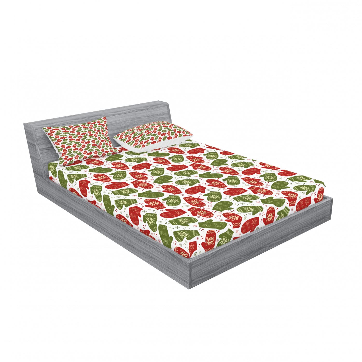 Ambesonne 2-Piece Christmas Fitted Sheet & Pillow Sham Set - Winter Gloves Pattern 4-PC Bedding Decor (2 Queen Fitted Sheets + 4 Pillow Covers) in Festive Red, Green & White | Holiday Home Decor for Bedroom & Guest Room