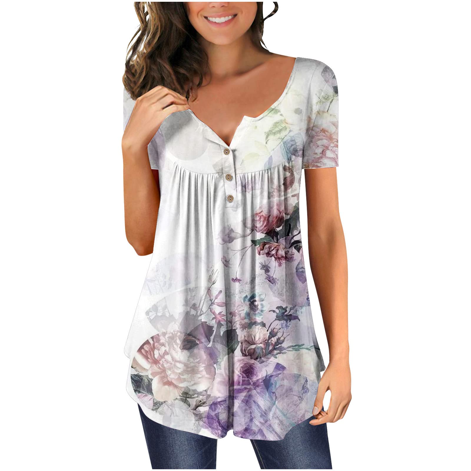 Women's Summer Short Sleeve Flowy Tunic Tops - Casual Floral Print V-Neck Button Down Tees for Going Out & Everyday Wear | Perfect for Beach, Office & Date Nights