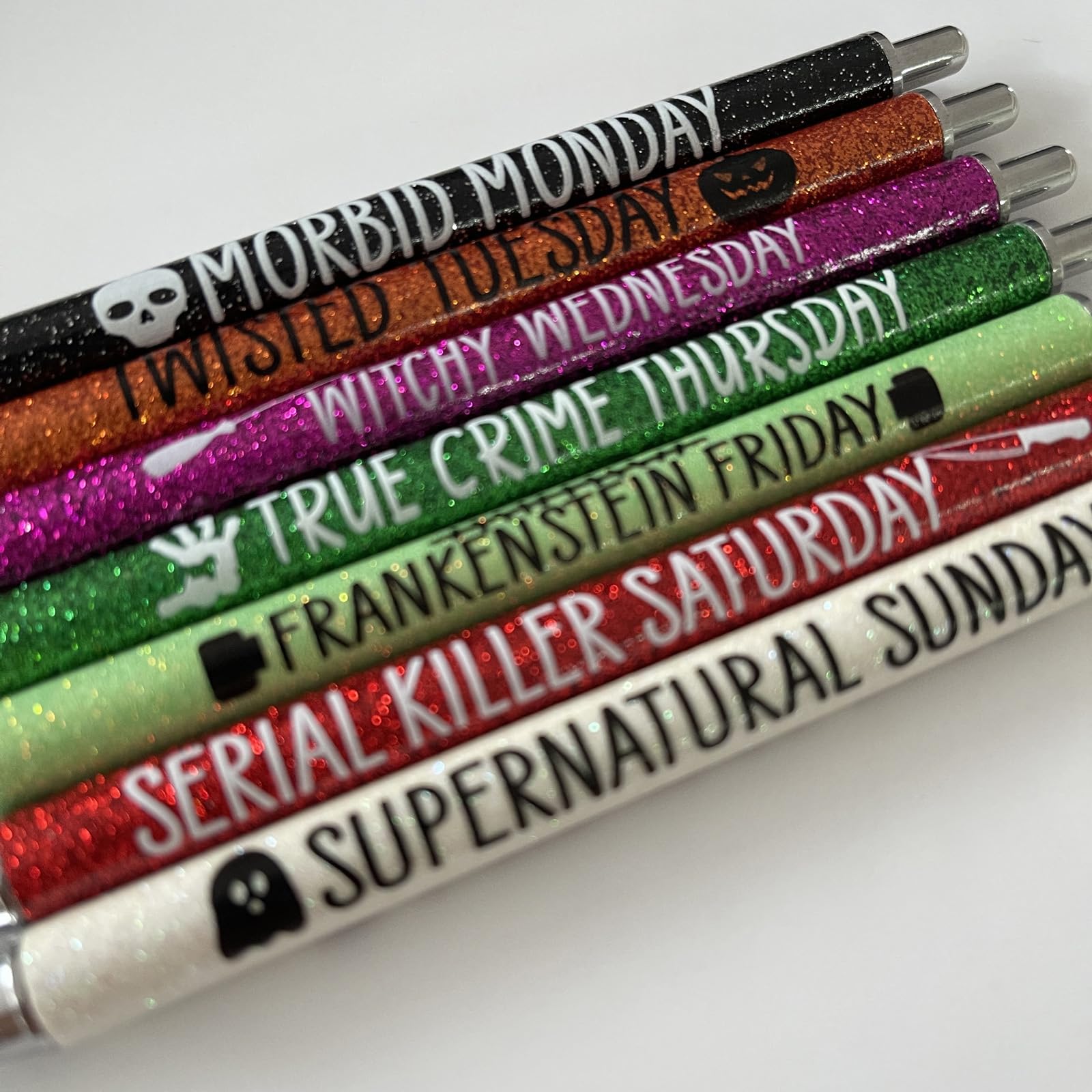 7-Piece Colored Glitter Pen Set for Halloween & Christmas - Funny Sarcastic Ballpoint Pens with Sticky Notes - Perfect for Journaling, Gift Giving & Office Use (Christmas Collection)
