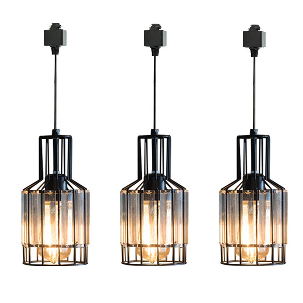 Dimmable Circular Pendant Light - H-Type Track Lighting with Clear Crystal Shade, Industrial Vintage Style, Customizable Iron Halo Track (3 Lights, 23.6 Inch) - Perfect for Kitchen Islands, Dining Rooms, and Modern Loft Spaces