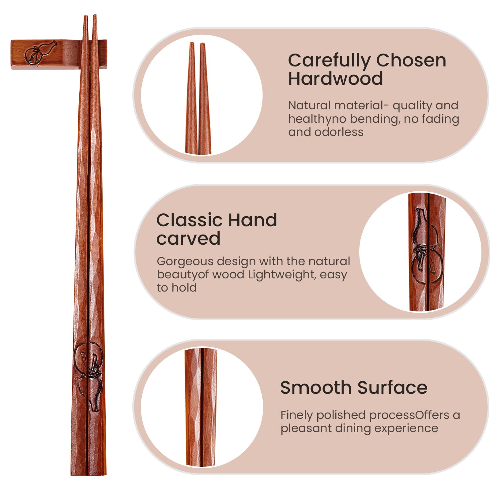 Eco-Friendly Reusable Wooden Chopsticks - Traditional Chinese Style, Dishwasher Safe, 9.5 Inches - Perfect for Asian Cuisine, Sushi, Noodles & Home Dining