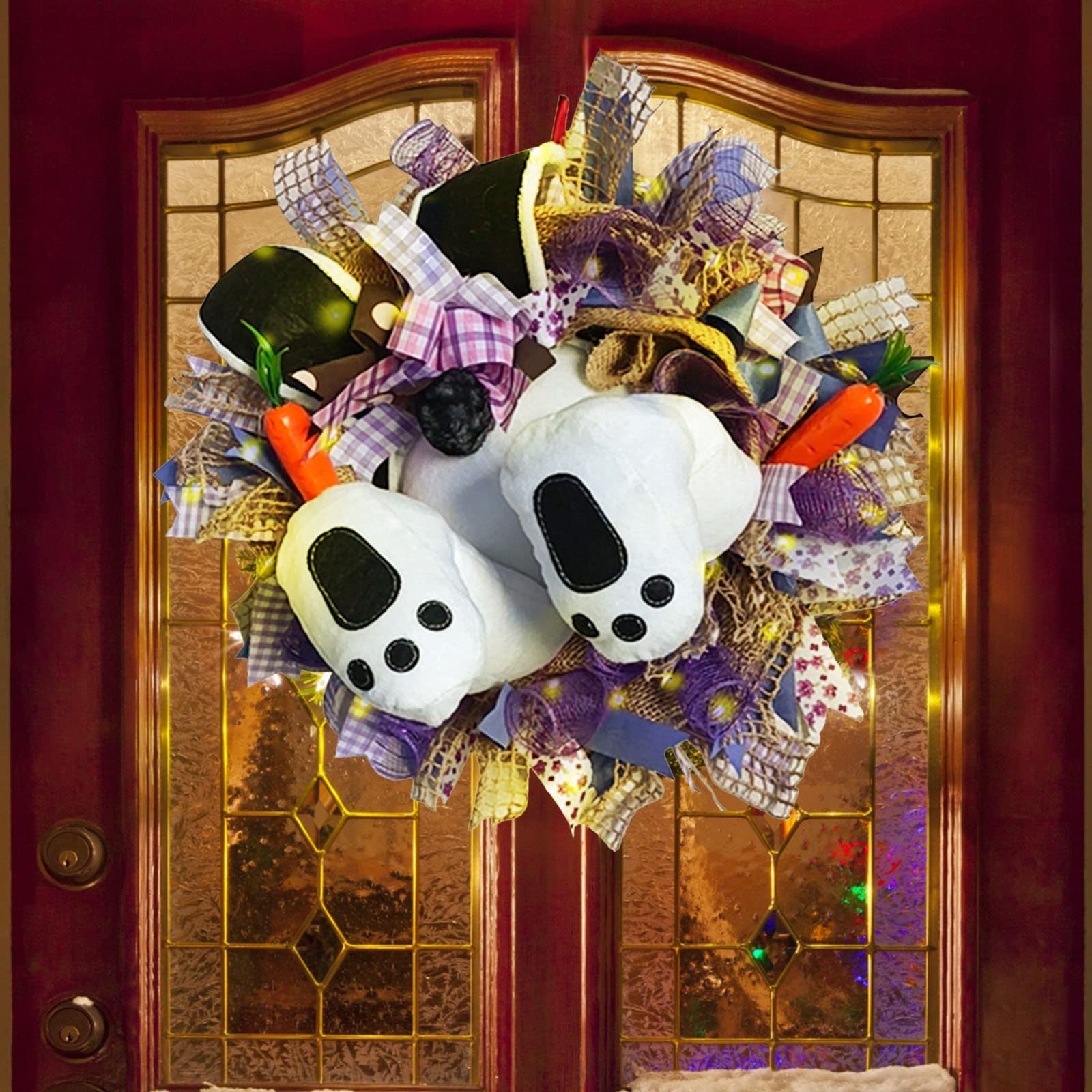 LED Easter Bunny Wreath Decor for Front Door - Spring Rabbit Door Hanging with Lights - Indoor/Outdoor Easter Decorations for Wall, Window, Porch - Perfect for Home, Party & Holiday Welcome Sign (F)