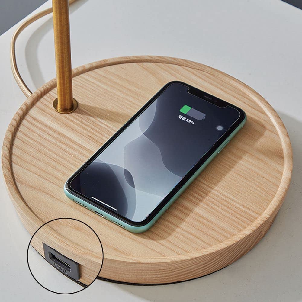 Wireless Charging Desk Lamp with Pleated Fabric Shade - Solid Wood Night Light for Bedroom, Office & Study | USB-C Fast Charging, Adjustable Brightness, Modern Home Decor Lighting