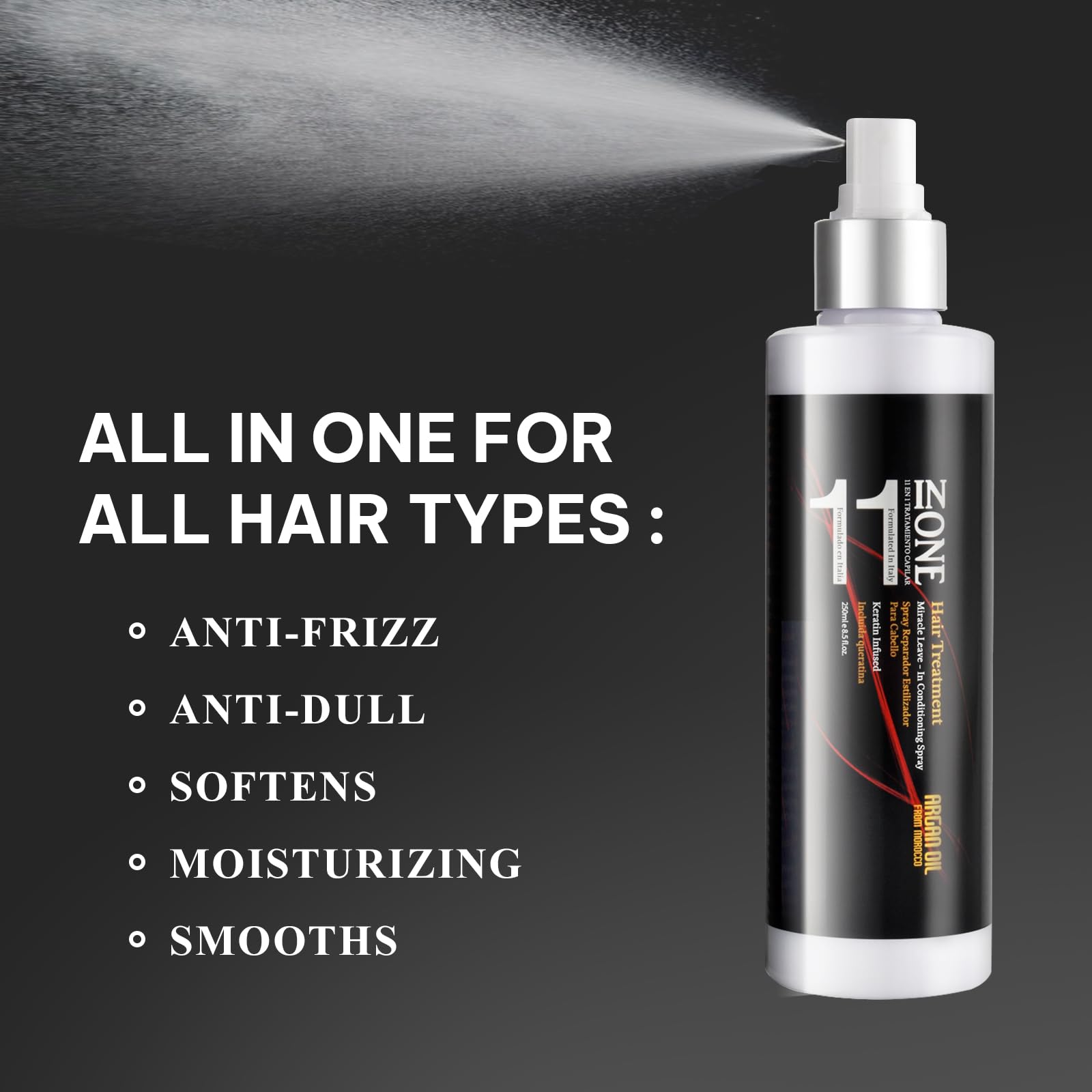 11-in-1 Moroccan Argan Oil Leave-In Conditioner Spray with Keratin - Ultra Rich Hair Treatment for Moisture, Shine & Frizz Control | Color Safe, Long-Lasting Nourishment | Perfect for Dry, Damaged Hair & Daily Styling