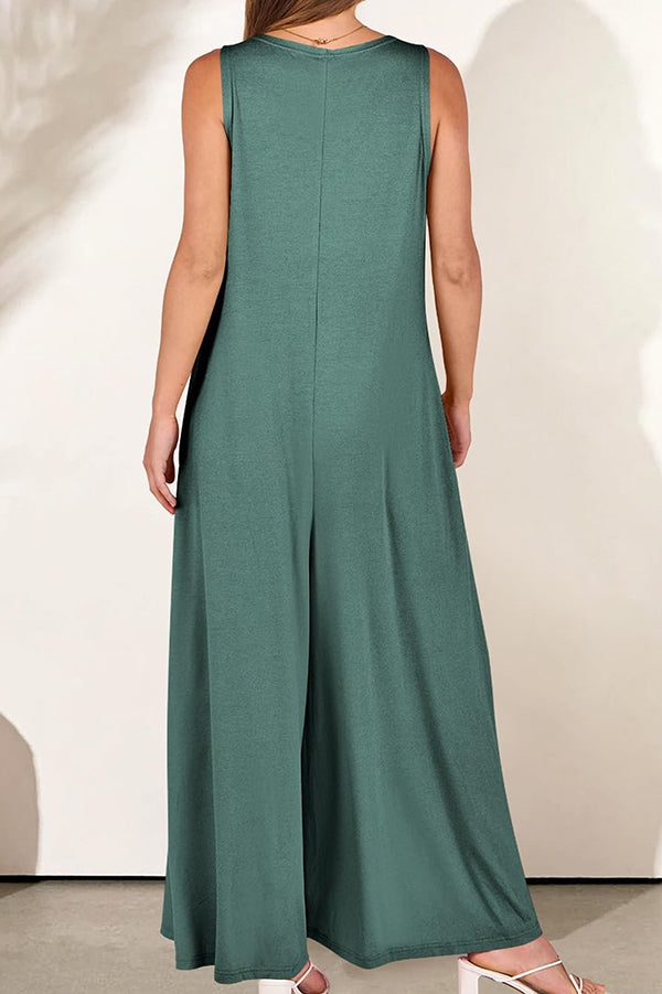Solid Color V-Neck Sleeveless Loose Pocket Wide Leg Jumpsuit for Women - Casual Summer Outfit, Beach Cover Up, Vacation Wear