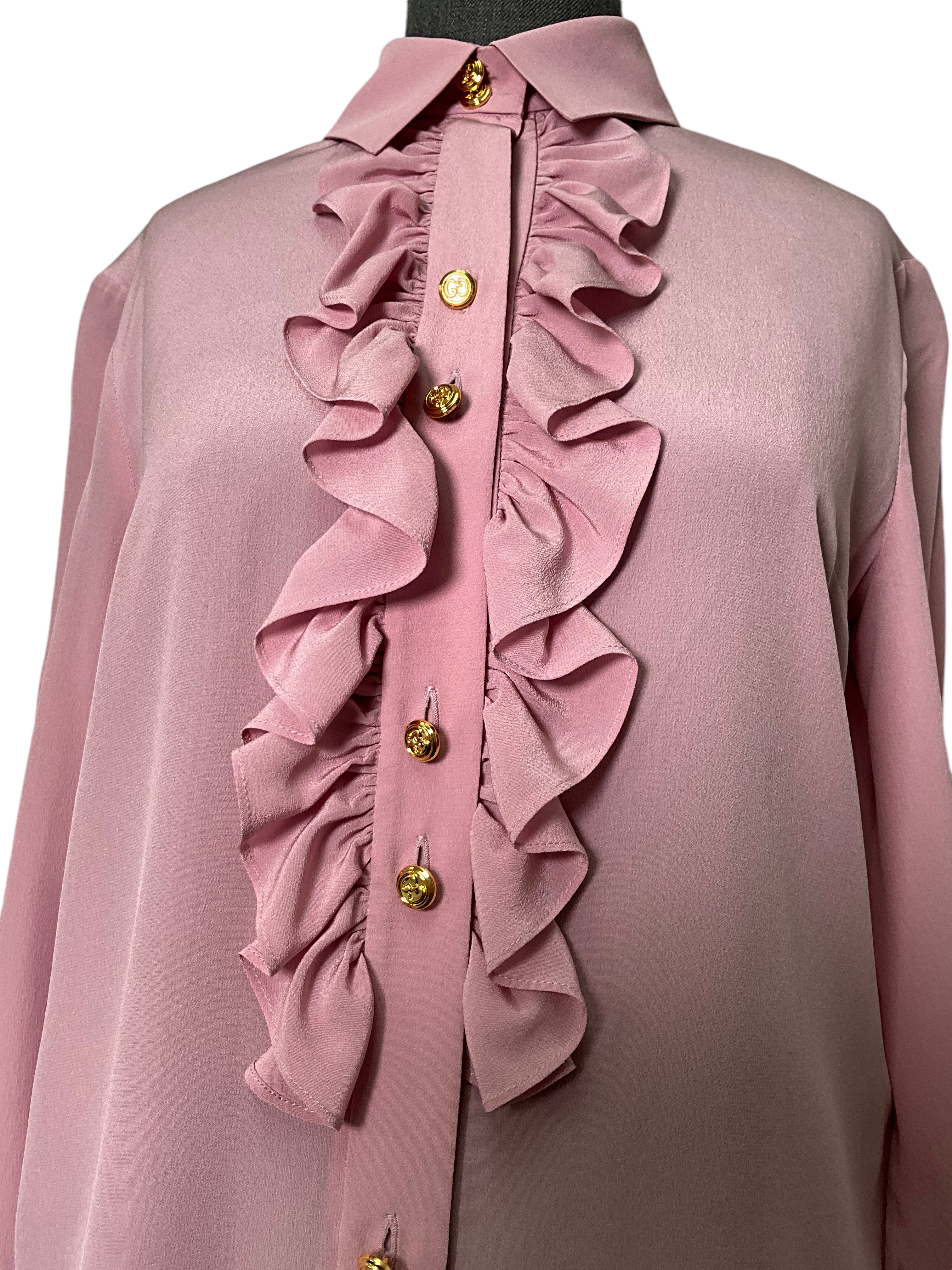 GUCCI Silk de Chine Ruffled Button Down Blouse - Women's Size S, Elegant & Chic for Office Wear & Special Occasions