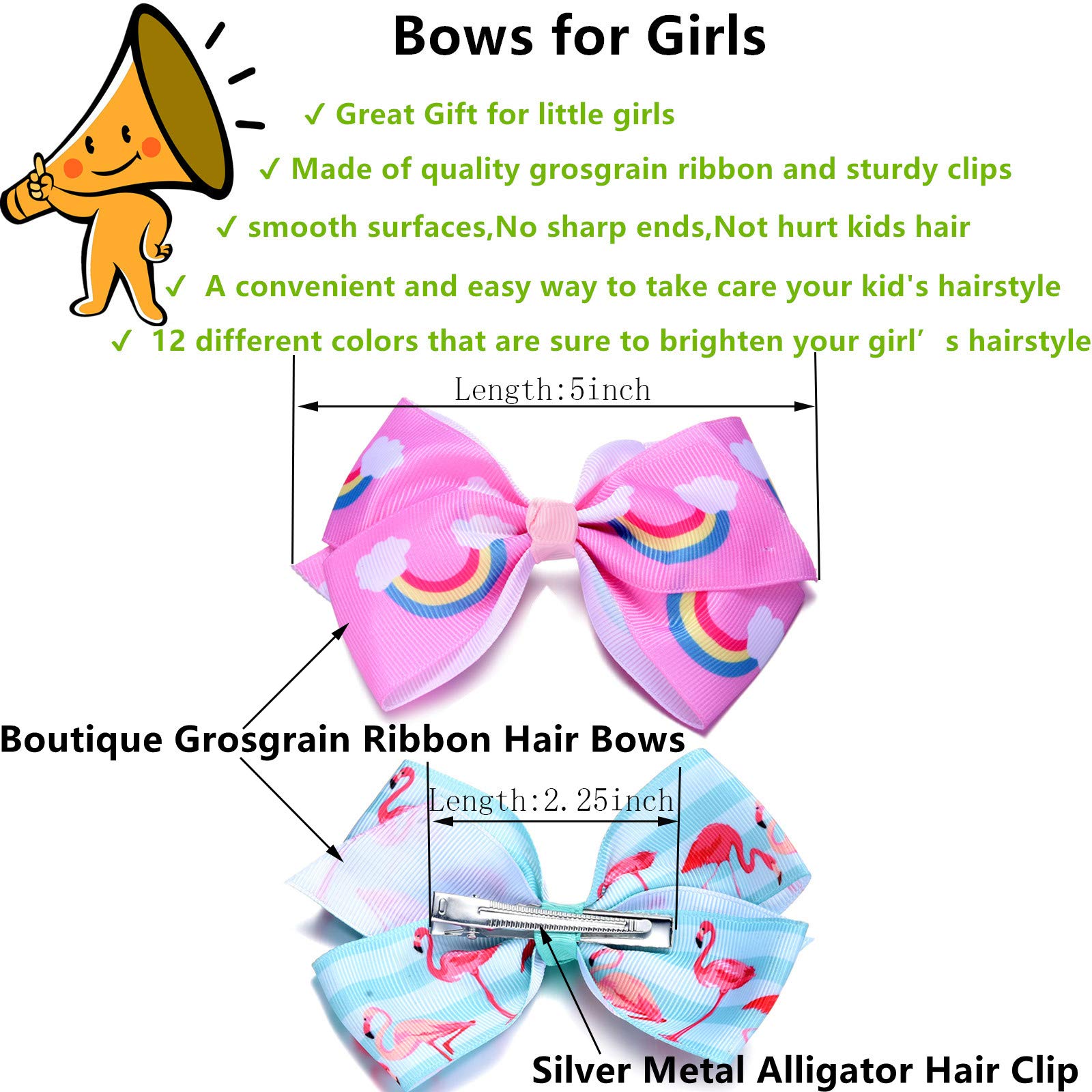 5 Inch Grosgrain Ribbon Hair Bows for Girls - 12 Pack Colorful Hair Clips & Accessories - Perfect for School, Parties, and Everyday Style