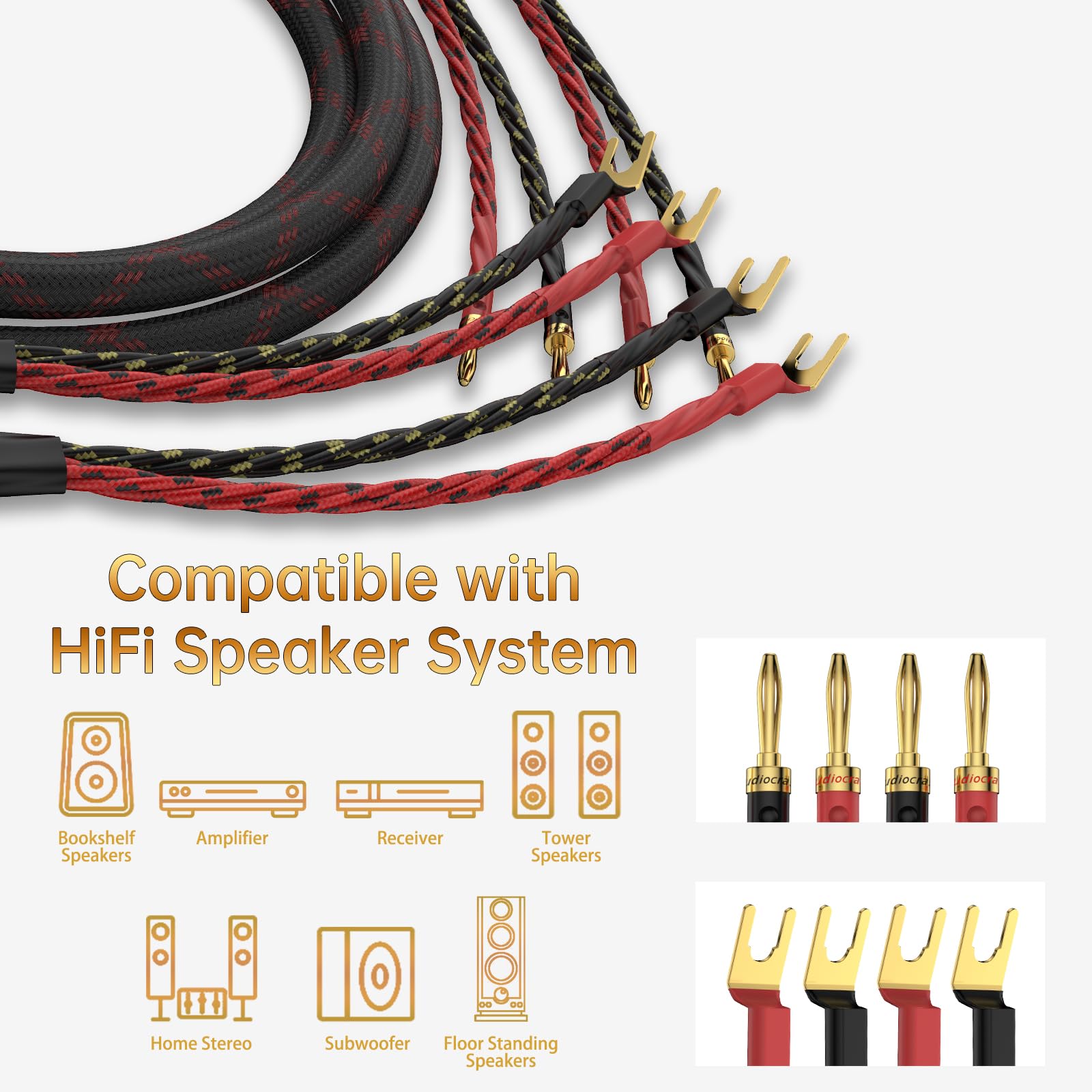 Premium HiFi OFC Braided Speaker Cable with 4 Banana Plugs & 4 Spade Connectors - 2m/6.56ft for Home Theater, Concerts, KTV & Audiophile Sound Systems - High-Quality Oxygen-Free Copper Audio Cable for Amplifiers & Speakers