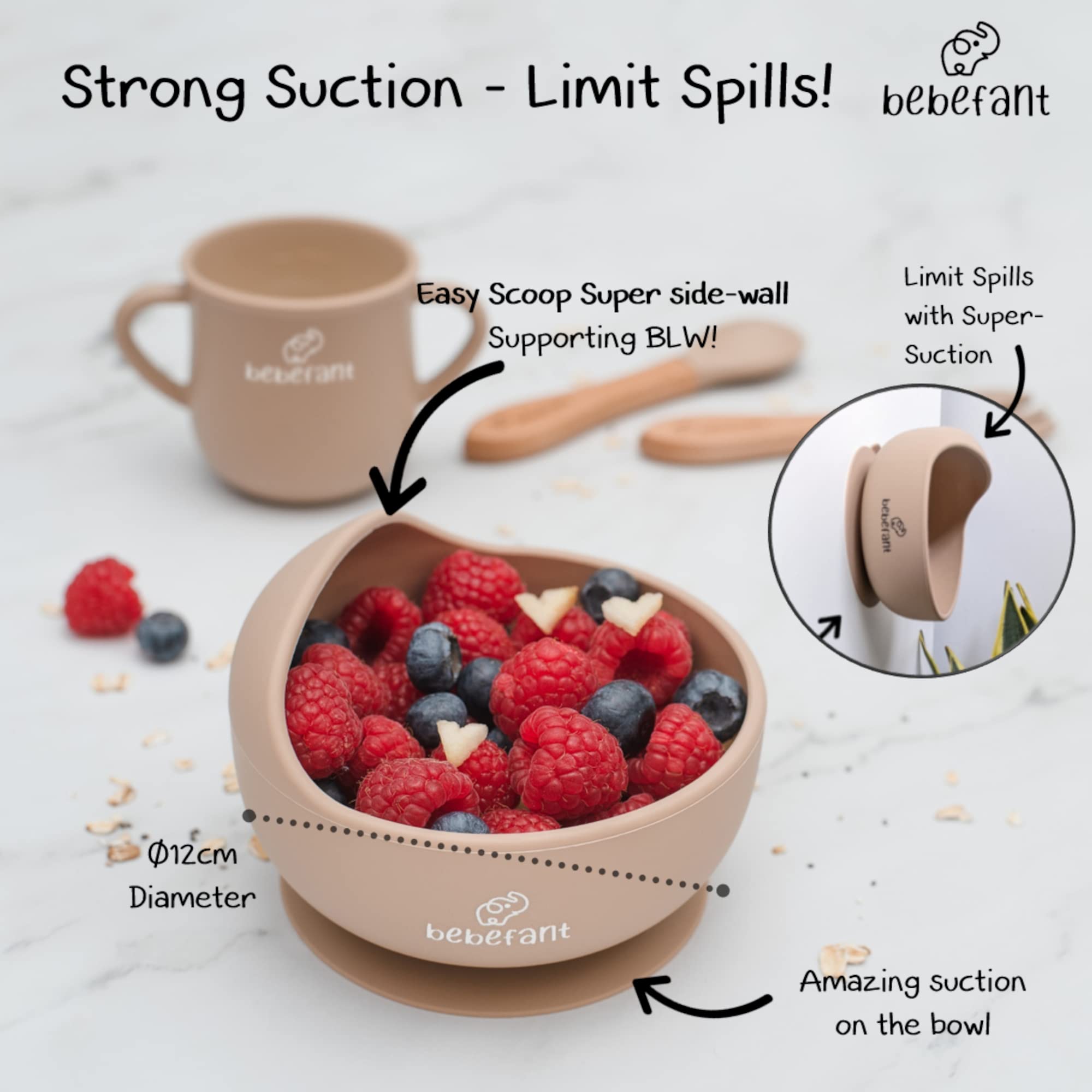 Bebefant™ Baby Weaning Set - Suction Bowl, Plate, Cup & Adjustable Bib with Pocket | Bamboo Fork & Spoon for Baby-Led Weaning | Neutral Light Brown Feeding Essentials | Perfect for Home, Travel & Daycare Use