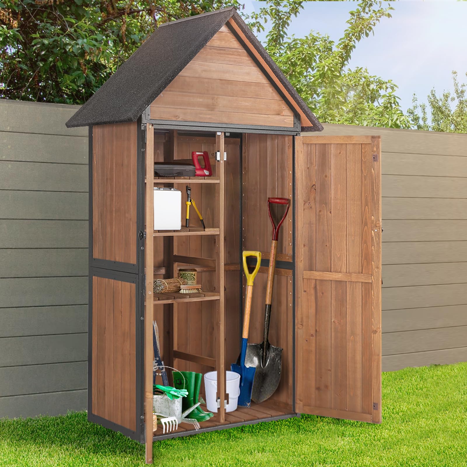 Outdoor Storage Shed with Metal Frame & Adjustable Shelves - Large Capacity Garden Tool Cabinet for Backyard, Patio, Lawn - Perfect for Storing Gardening Tools, Outdoor Equipment & Seasonal Items (Brown)