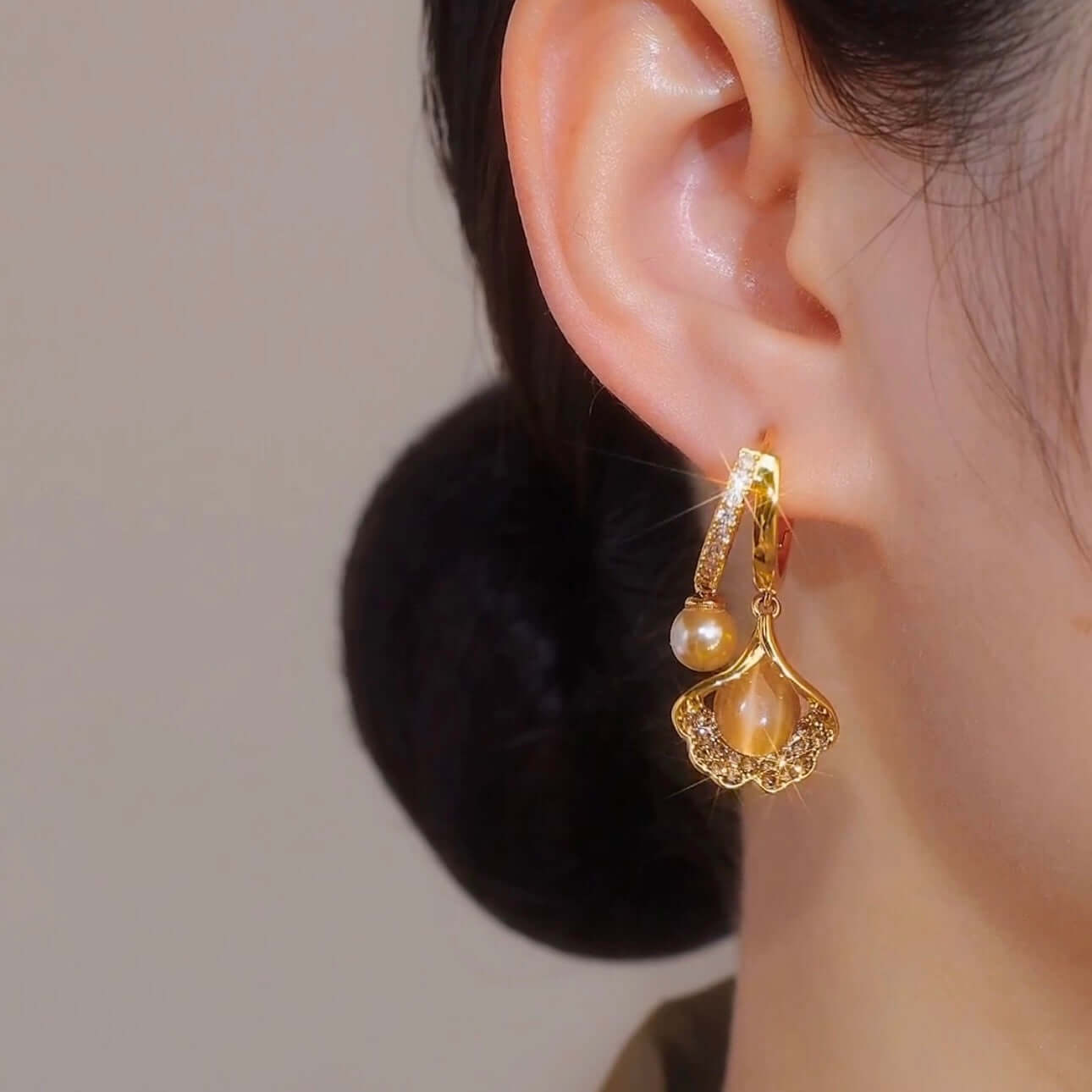 14K Gold Plated Ginkgo Leaf Huggie Earrings with Dangle Pearl Drop | Elegant Pearl Earrings for Women | Perfect for Weddings, Parties & Everyday Wear | A8078