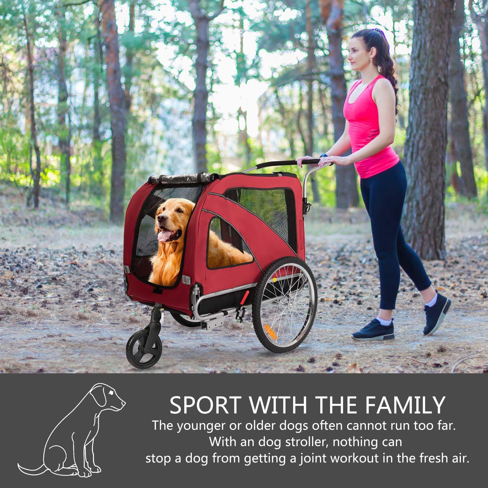 Sepnine 2-in-1 Large Dog Bike Trailer & Pet Stroller - Foldable Frame with Hand Lock Brakes & Universal Bicycle Coupler (Red) - Perfect for Cycling Adventures & Outdoor Walks with Your Dog