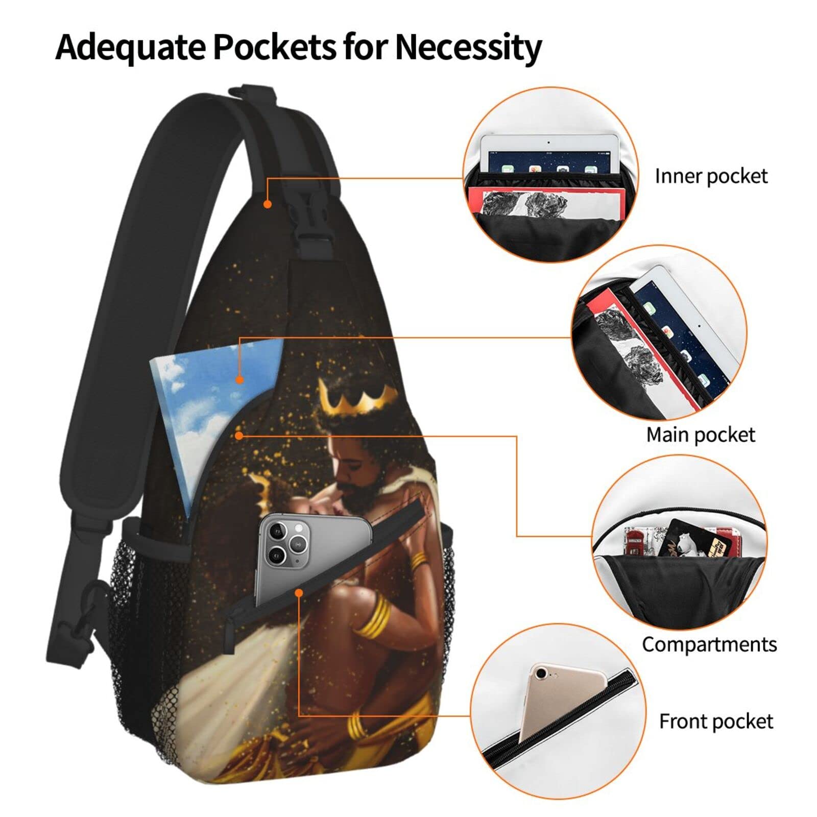 Women's Sling Backpack - Lightweight Travel Hiking Daypack for Women & Men, Shoulder Bag for Sports, Running, Climbing & Casual Use - African Queen & King Black Crown Design (Includes Glasses Case) - Perfect for Outdoor Adventures, Gym Workouts & Daily Commute