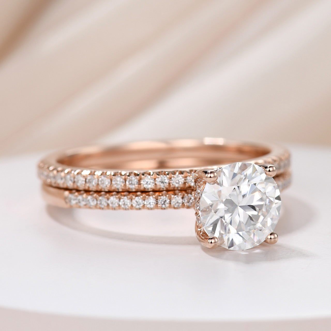 Moissanite Engagement Ring & Wedding Band Set - 7mm Round Solitaire Eternity Ring in 14K Rose Gold (D-E-F Colorless) | Perfect for Proposals, Anniversaries & Bridal Jewelry