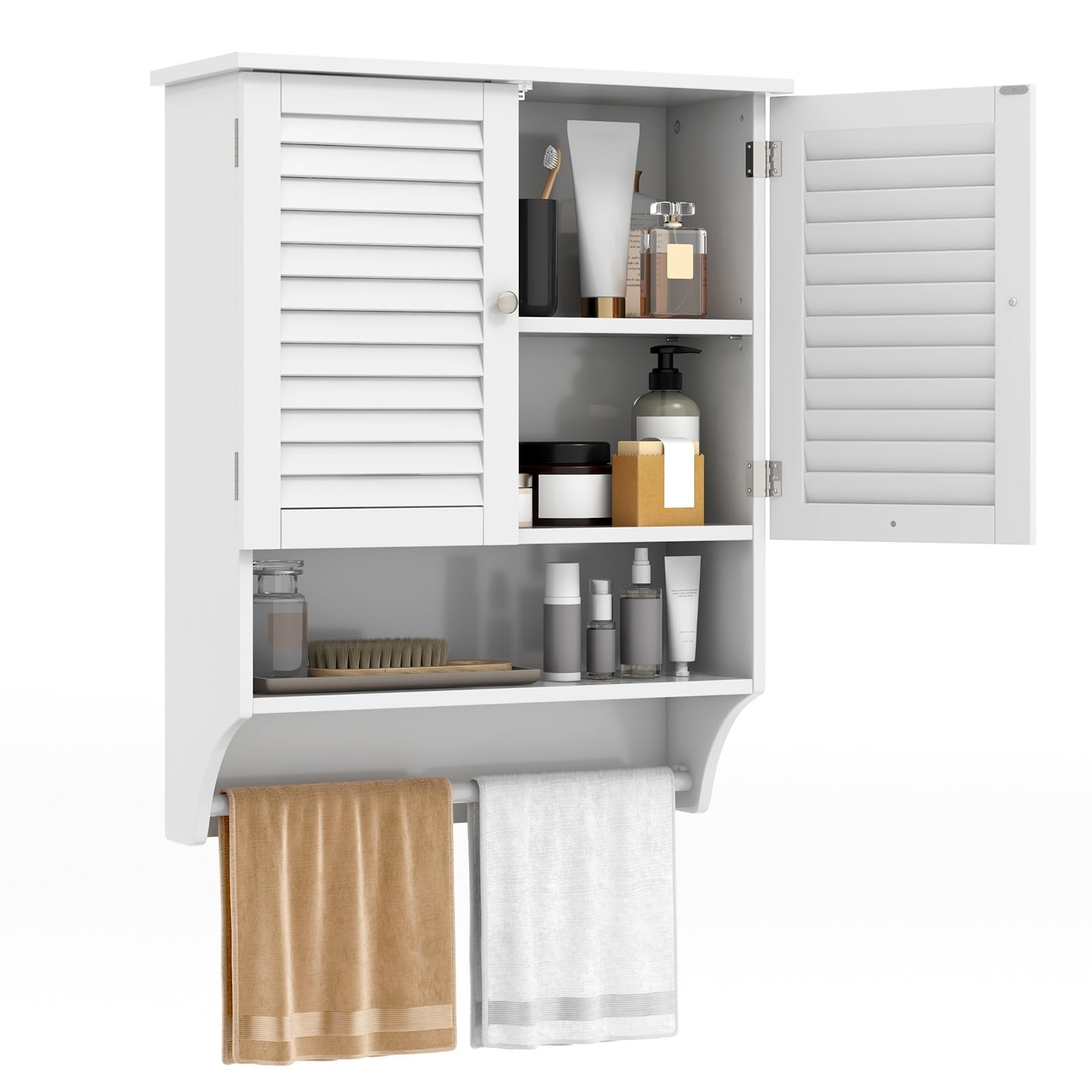 LIFEZEAL Wooden Wall Mounted Bathroom Storage Cabinet with 2 Doors & 3 Shelves - Adjustable Space-Saving Design with Towel Rack, Holds Up to 30kg (60x22x75cm, White) - Perfect for Small Bathrooms, Apartments & Vanity Organization