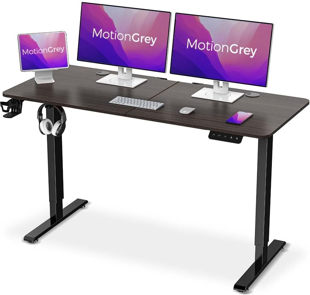MotionGrey 55 x 24 Inch Electric Height Adjustable Standing Desk - Single Motor Black Frame with Table Top | Ergonomic Sit Stand Workstation for Home & Office | Perfect for Remote Work, Gaming & Study