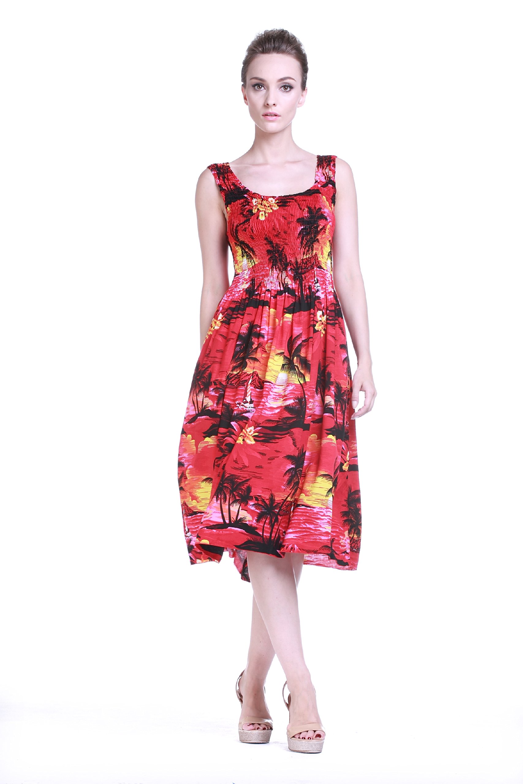 **Sunset Red Couple Matching Hawaiian Luau Aloha Shirt & Elastic Tank Dress – Tropical Vacation Outfits for Beach Parties & Summer Getaways**