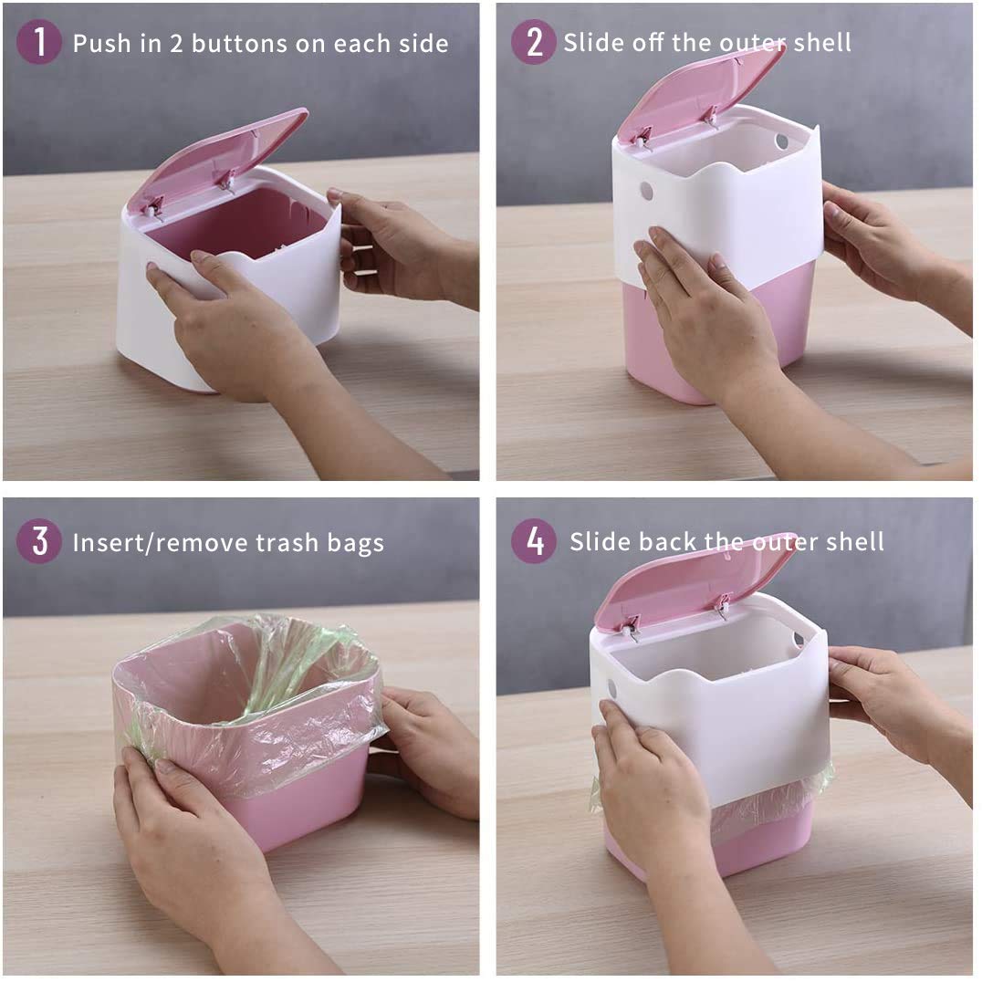 Small Desk Trash Can with Lid - Mini Portable Table Waste Bin for Home, Office, Kitchen, Bathroom & Car - Pink & White Desktop Dustbin for Paper, Snacks & Daily Trash Disposal