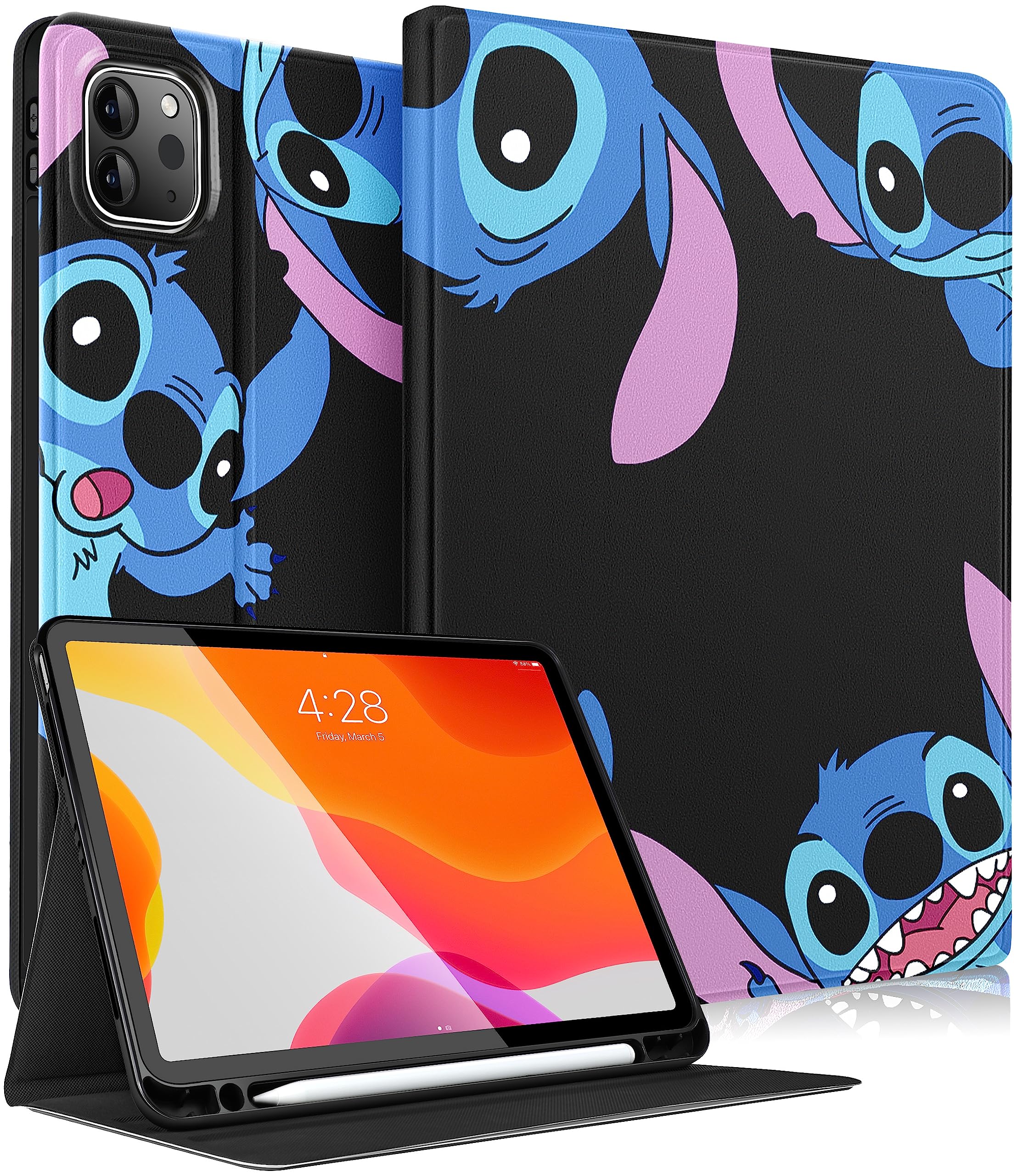 Stylish Cartoon iPad Air 5/4 & iPad Pro 11 Case with Pencil Holder - Cute Kawaii Folio Cover for Girls, Boys, Teens & Women - Perfect for School, Work & Travel Protection