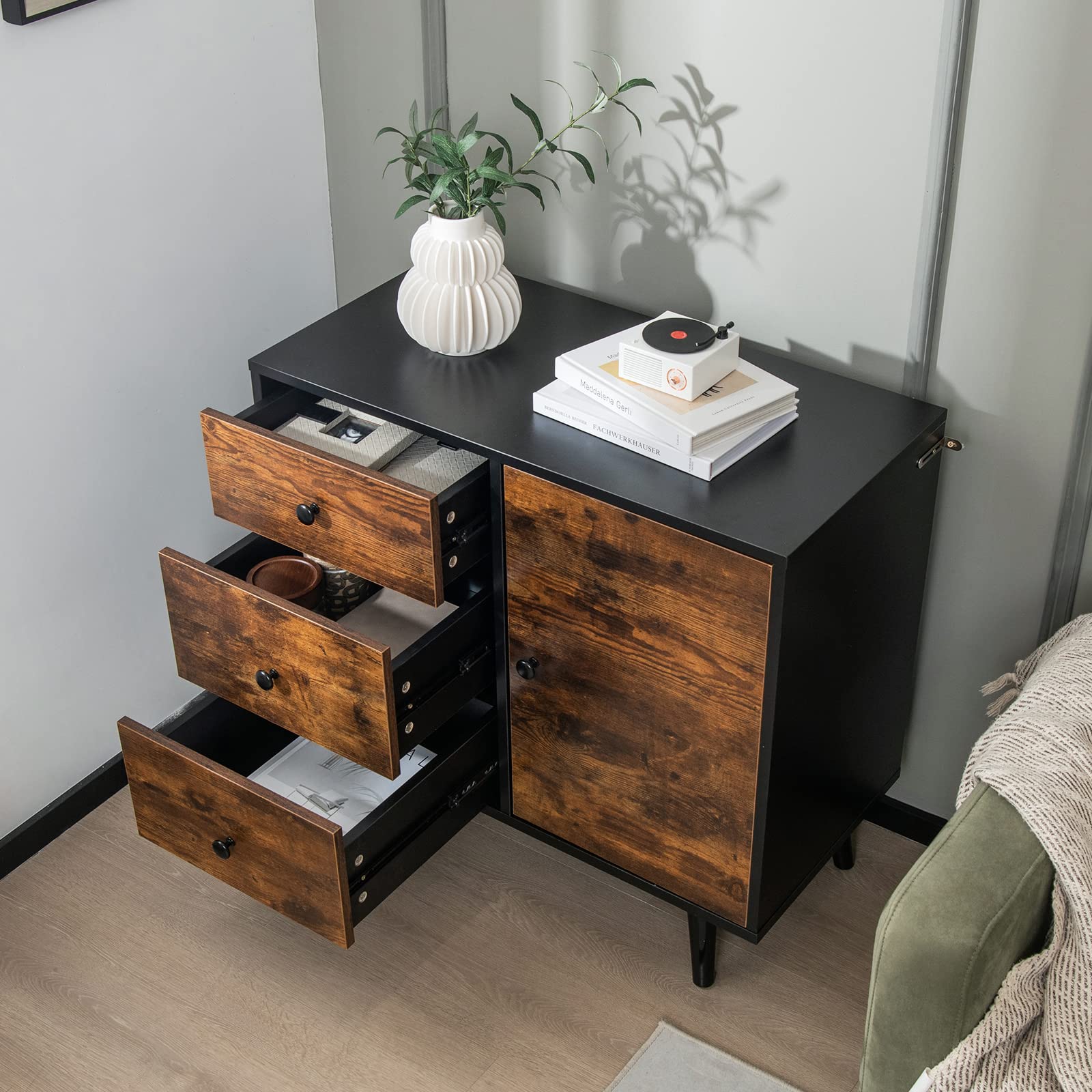 Tangkula 3-Drawer Storage Cabinet with Door - Industrial Wood Accent Sideboard with Adjustable Shelf, Retro Farmhouse Buffet Cabinet for Kitchen, Living Room, Dining Room | Perfect for Home Organization & Stylish Storage Solution
