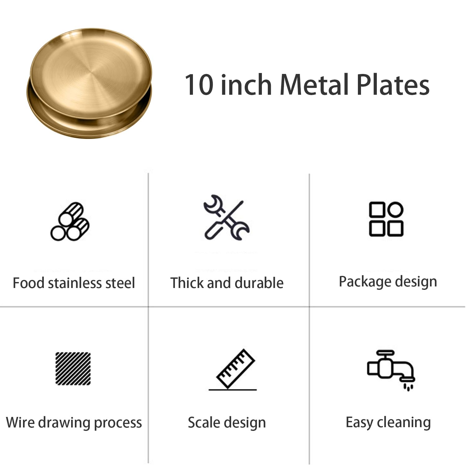 Stainless Steel 304 Gold Dinner Plates 10inch 4Pcs - Unbreakable for BBQ, Camping & Party